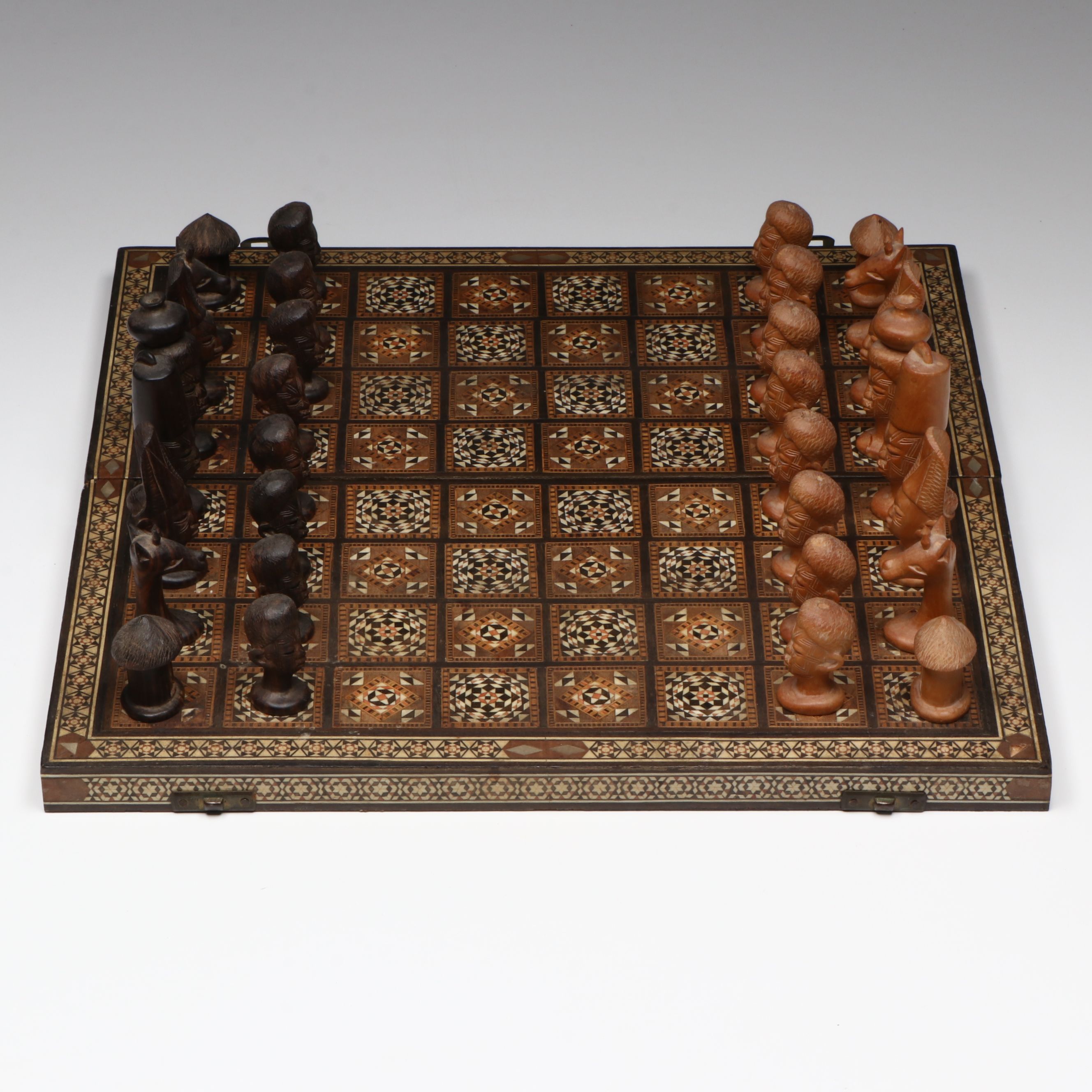 Middle Eastern Wood with Bone Inlay Chessboard with Makonde Chess Pieces