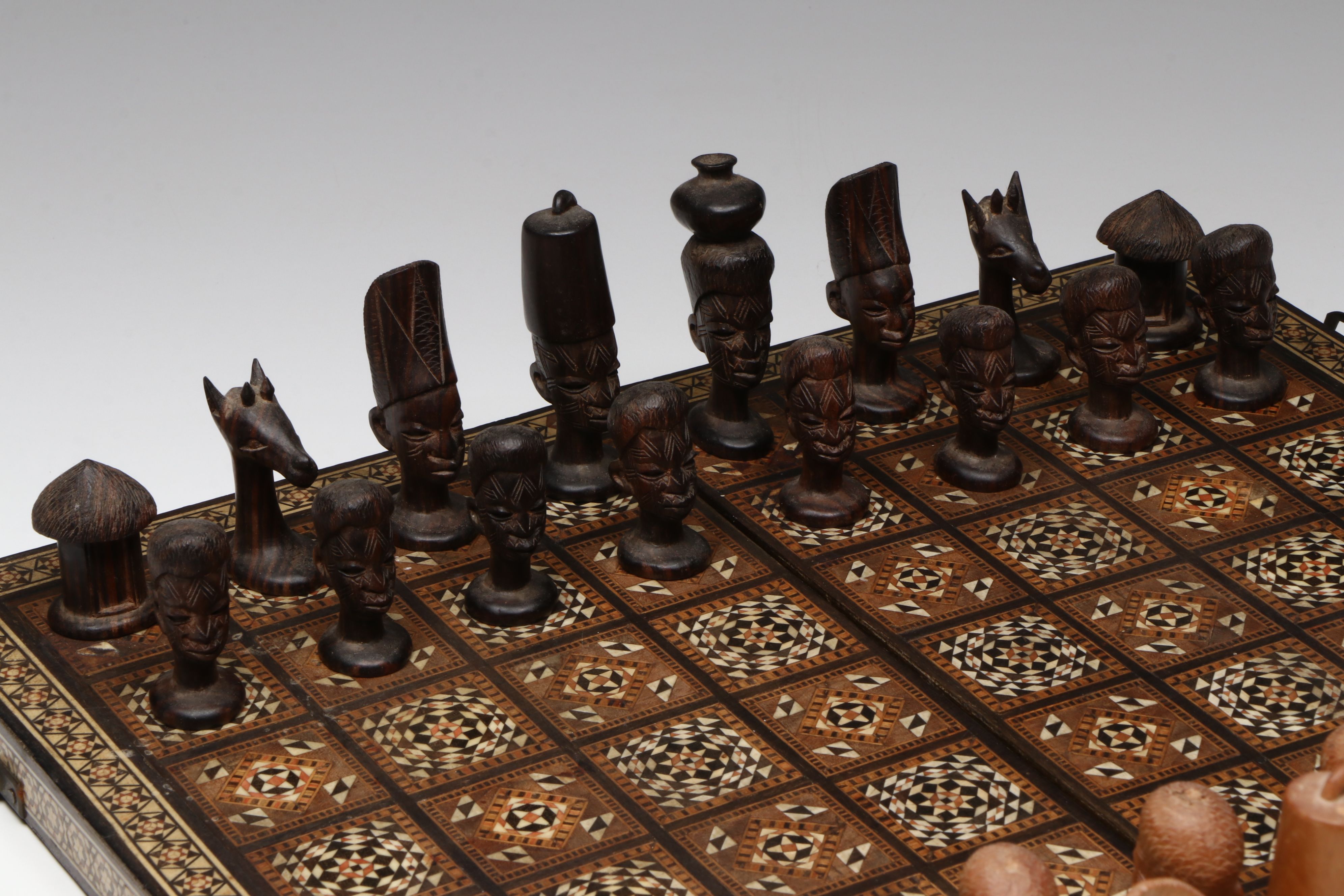 Middle Eastern Wood with Bone Inlay Chessboard with Makonde Chess Pieces