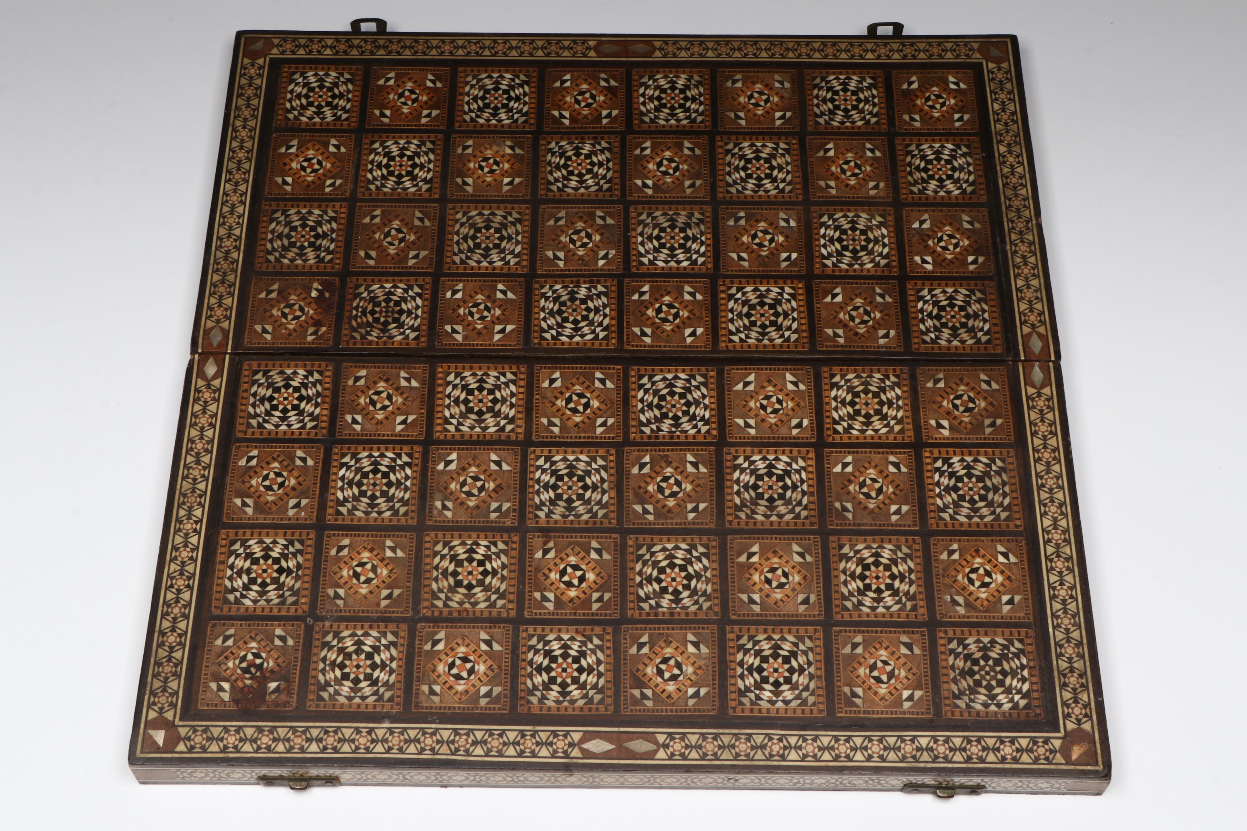 Middle Eastern Wood with Bone Inlay Chessboard with Makonde Chess Pieces