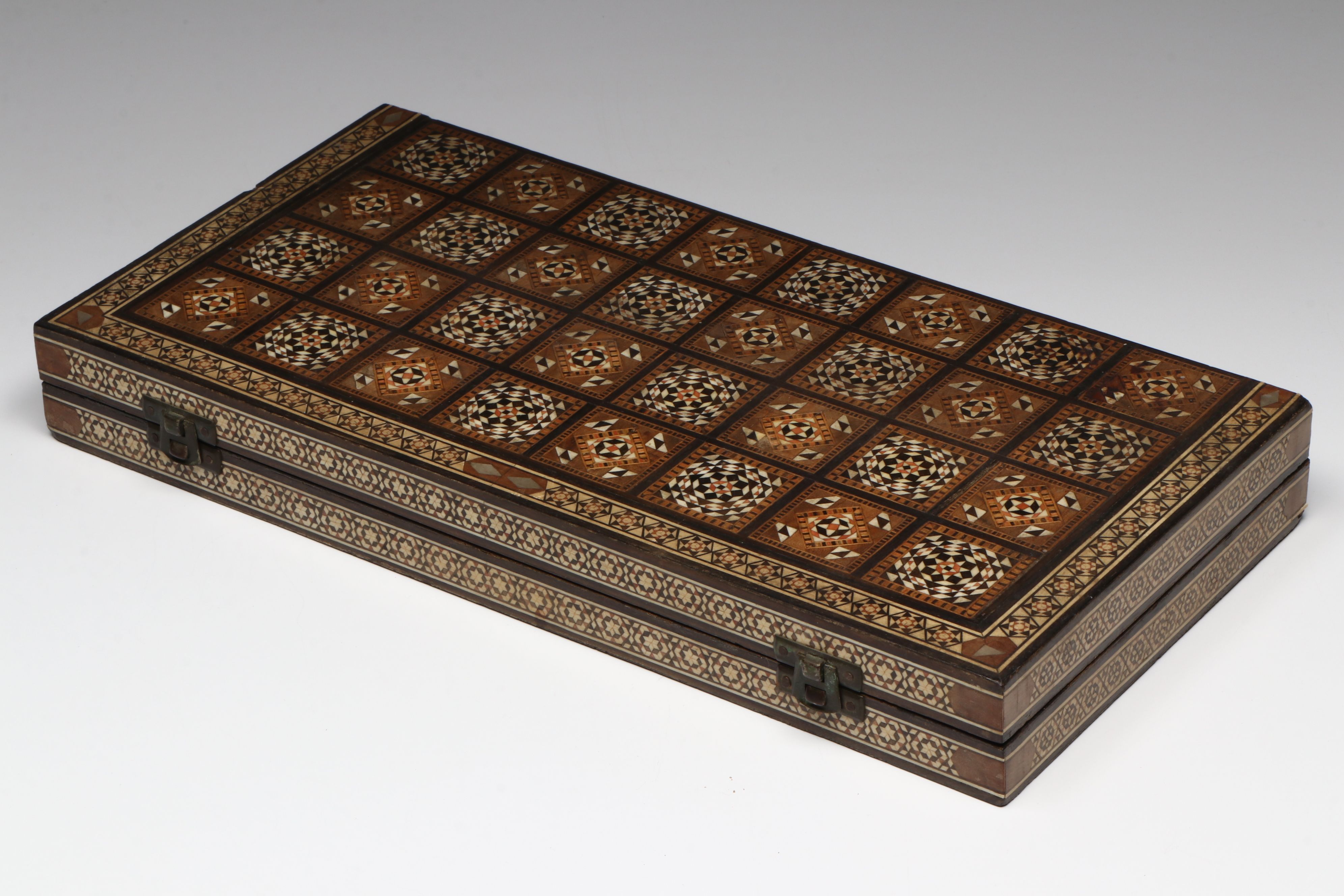 Middle Eastern Wood with Bone Inlay Chessboard with Makonde Chess Pieces