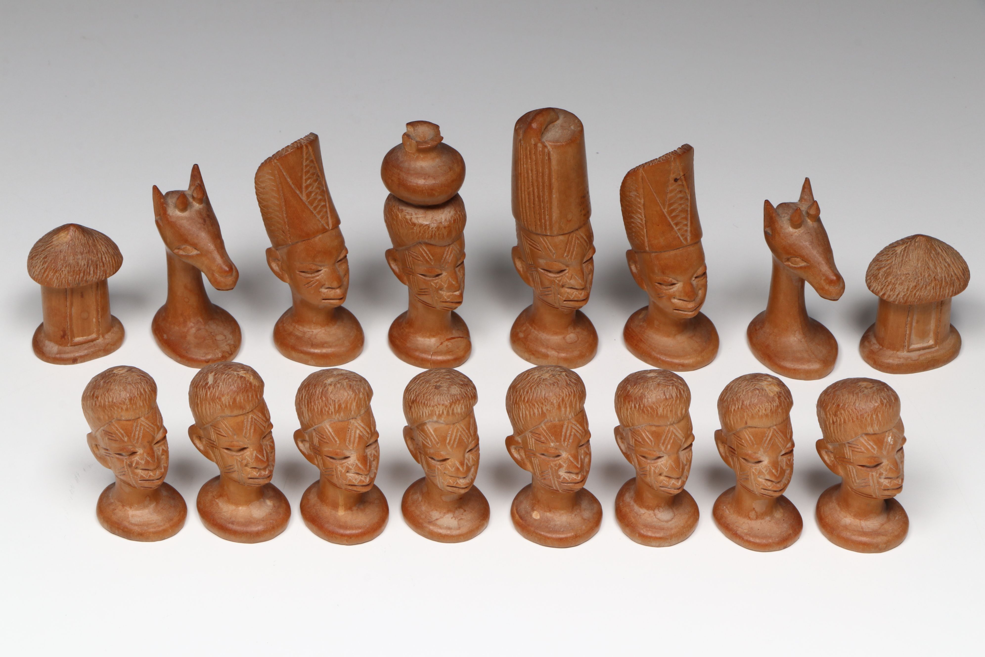 Middle Eastern Wood with Bone Inlay Chessboard with Makonde Chess Pieces