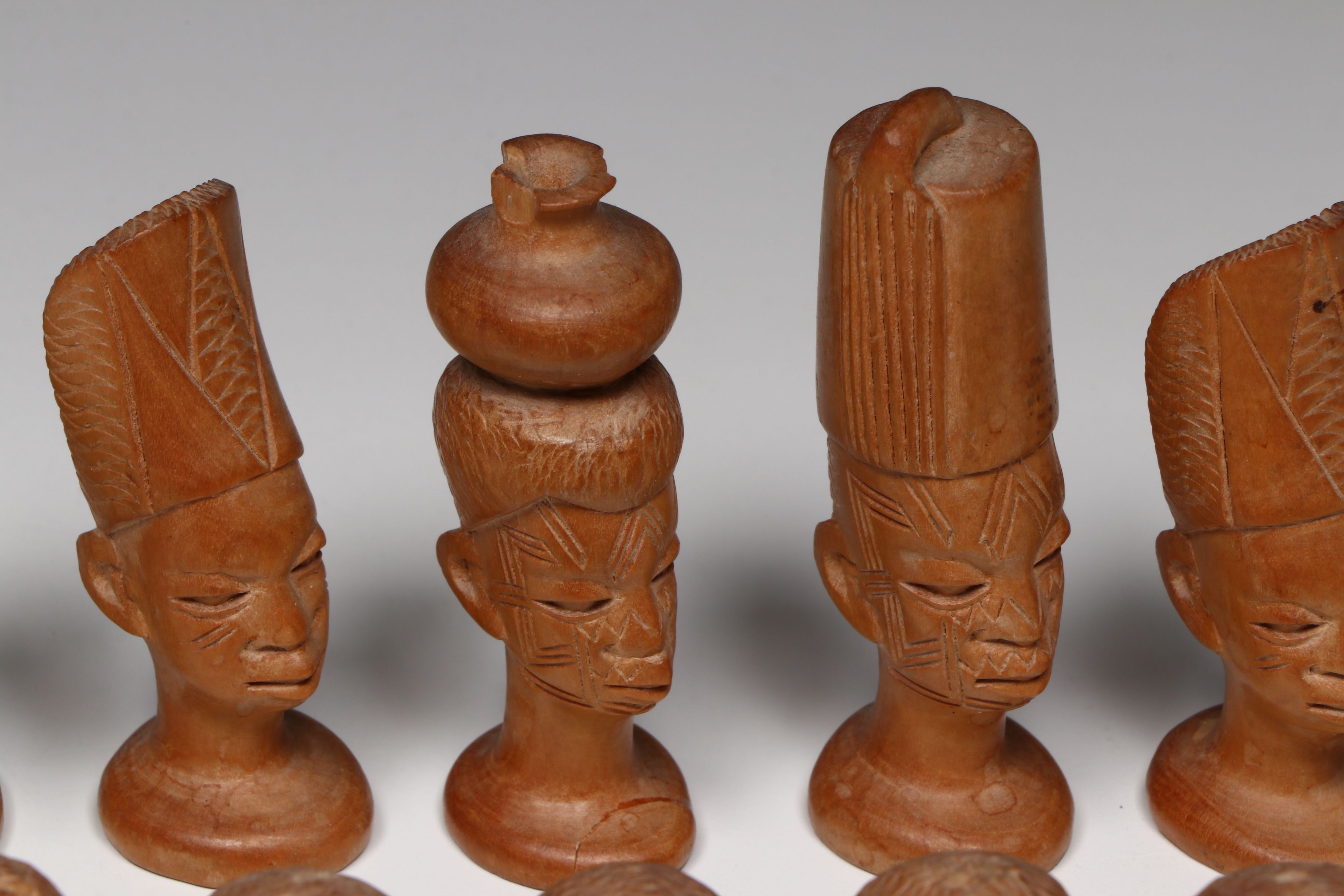 Middle Eastern Wood with Bone Inlay Chessboard with Makonde Chess Pieces