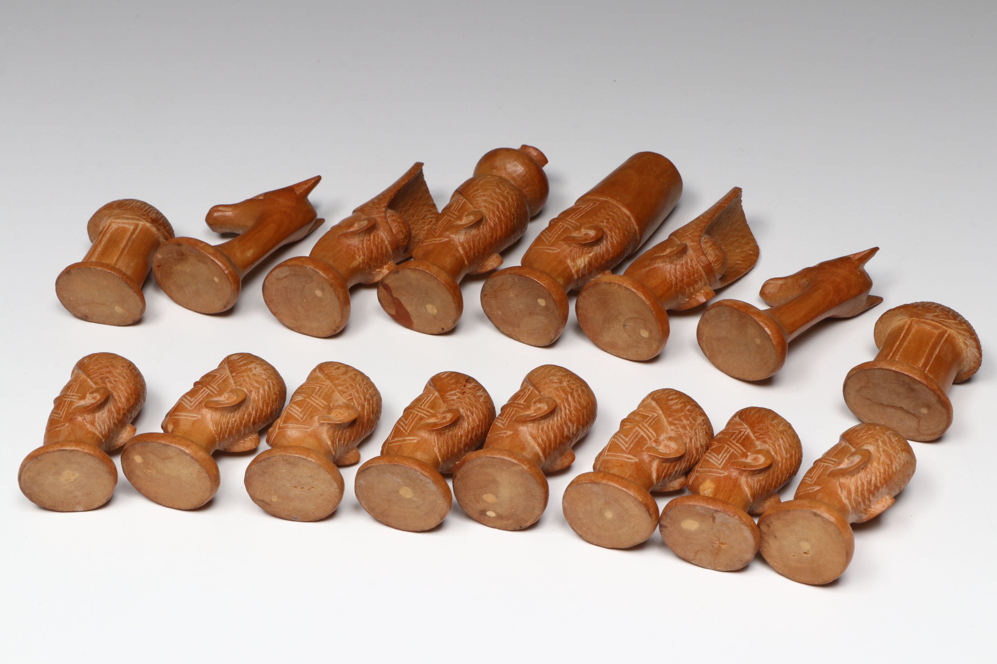 Middle Eastern Wood with Bone Inlay Chessboard with Makonde Chess Pieces