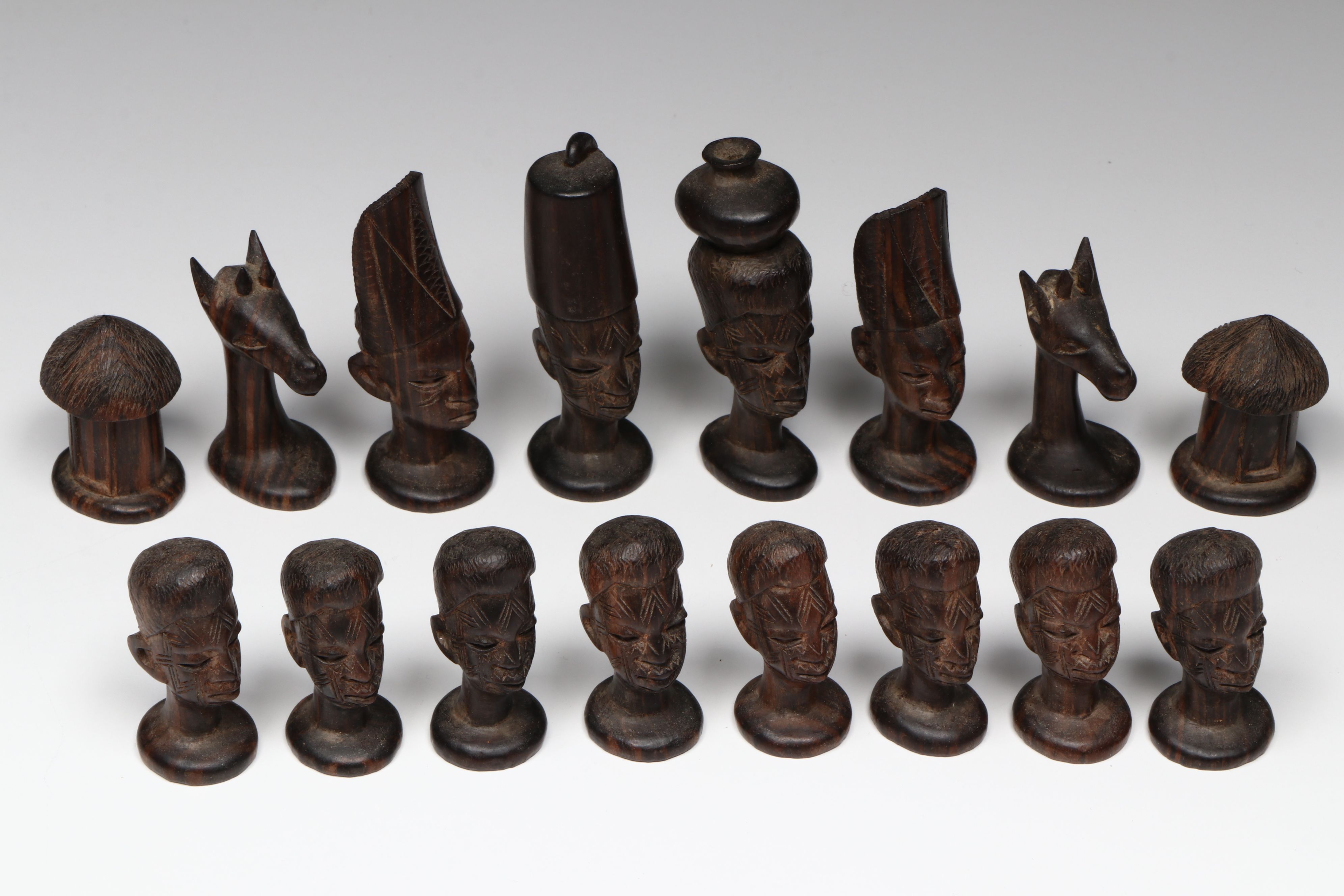 Middle Eastern Wood with Bone Inlay Chessboard with Makonde Chess Pieces