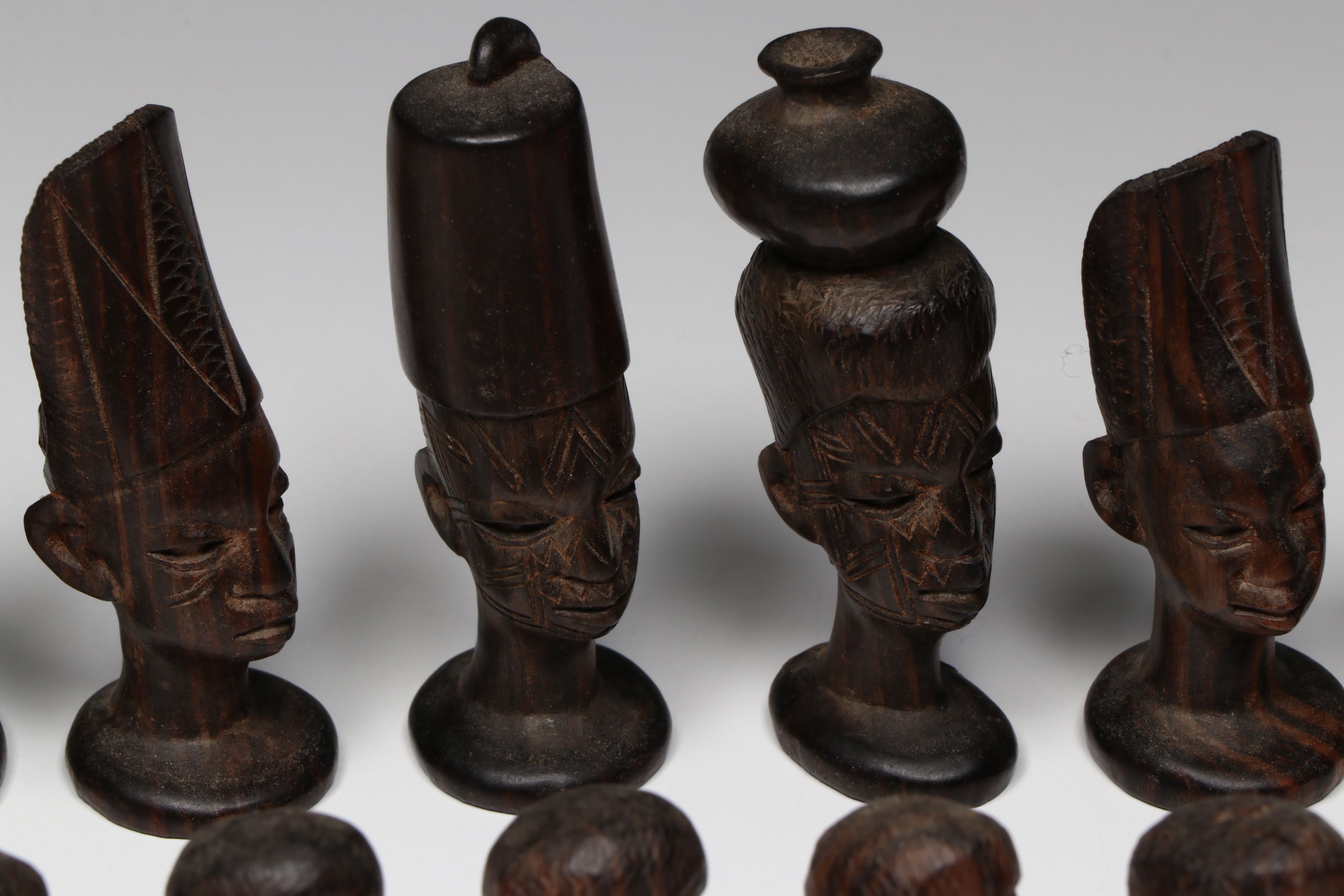 Middle Eastern Wood with Bone Inlay Chessboard with Makonde Chess Pieces