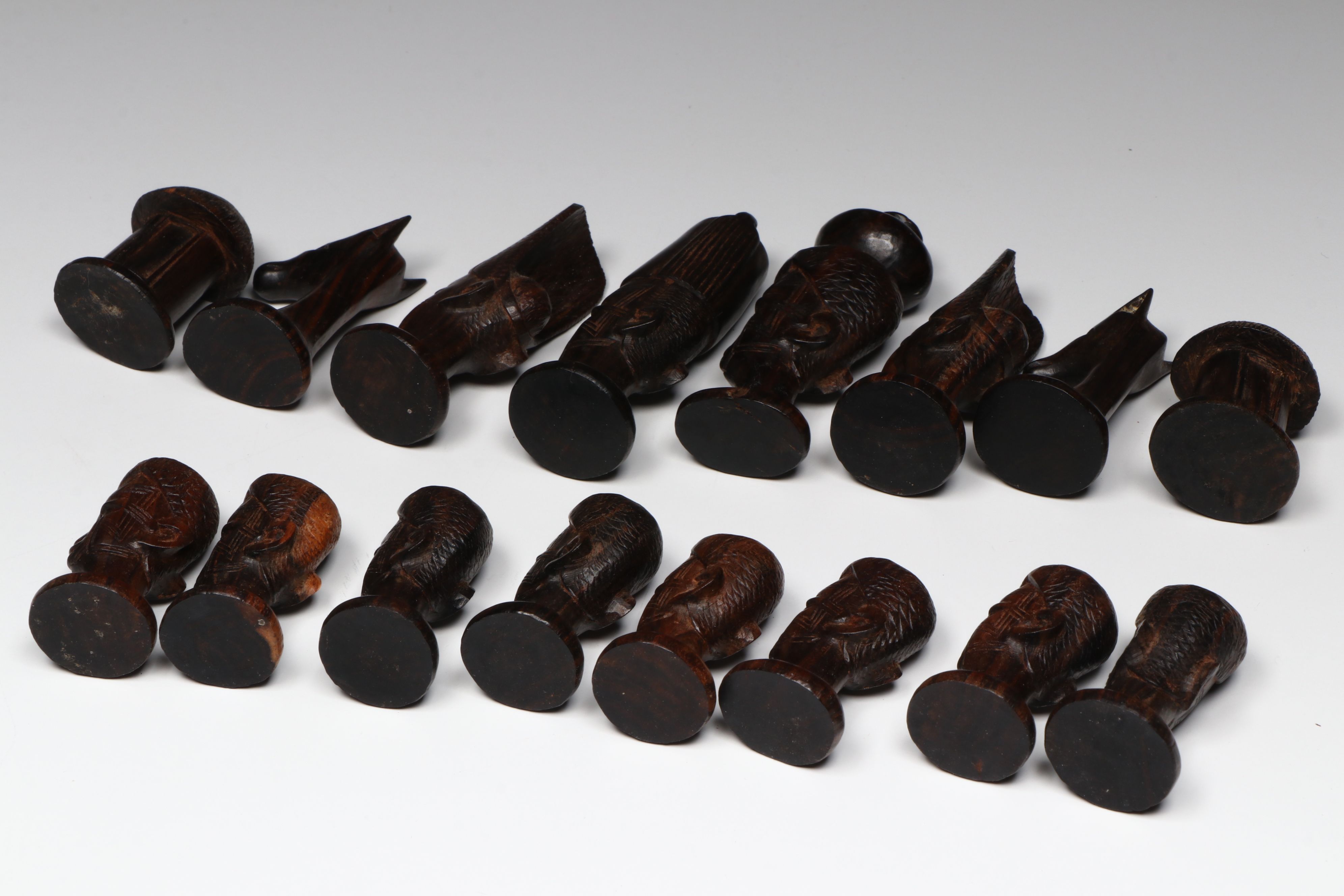 Middle Eastern Wood with Bone Inlay Chessboard with Makonde Chess Pieces