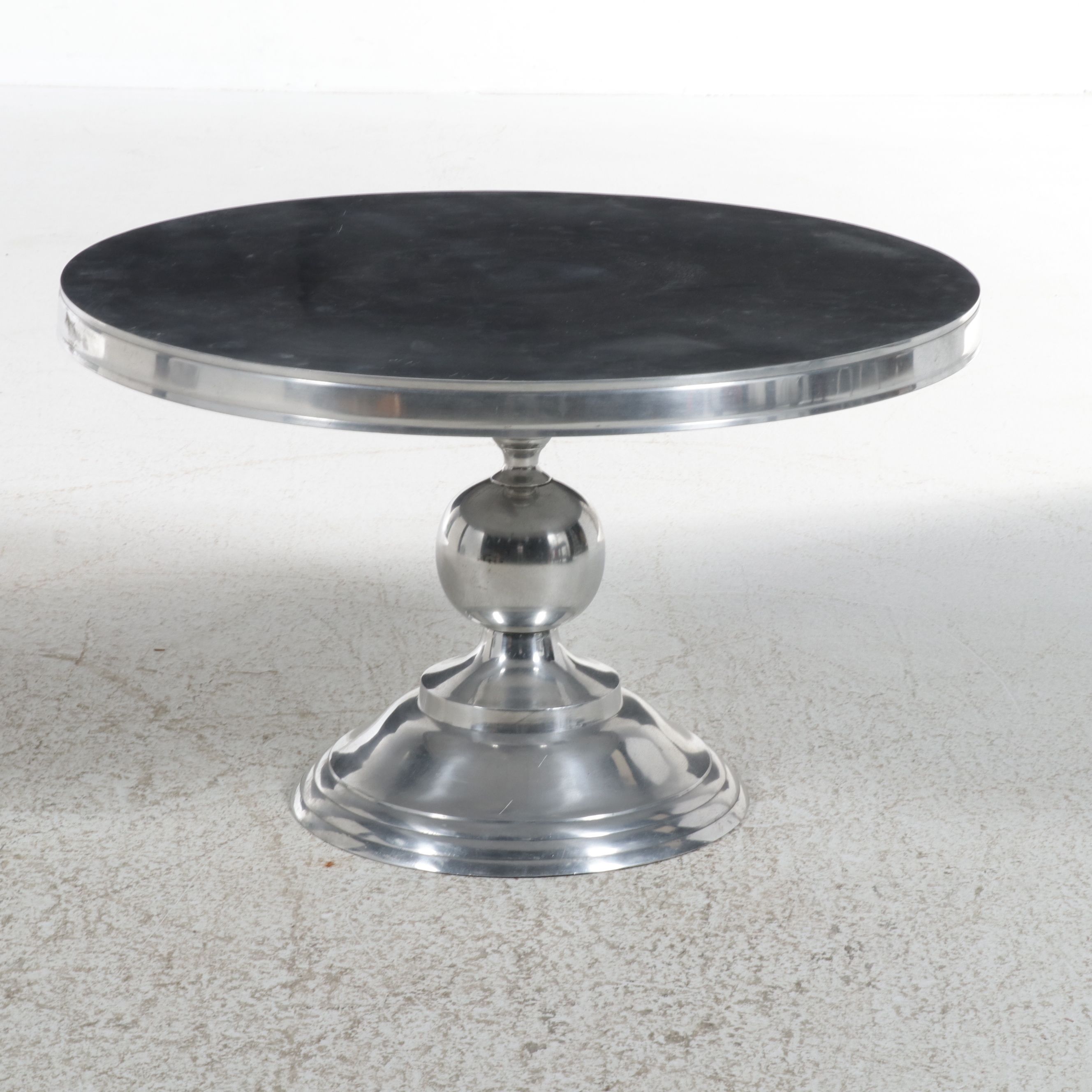 Hollywood Regency Style Brushed Aluminum Pedestal Orb Stem Side Table