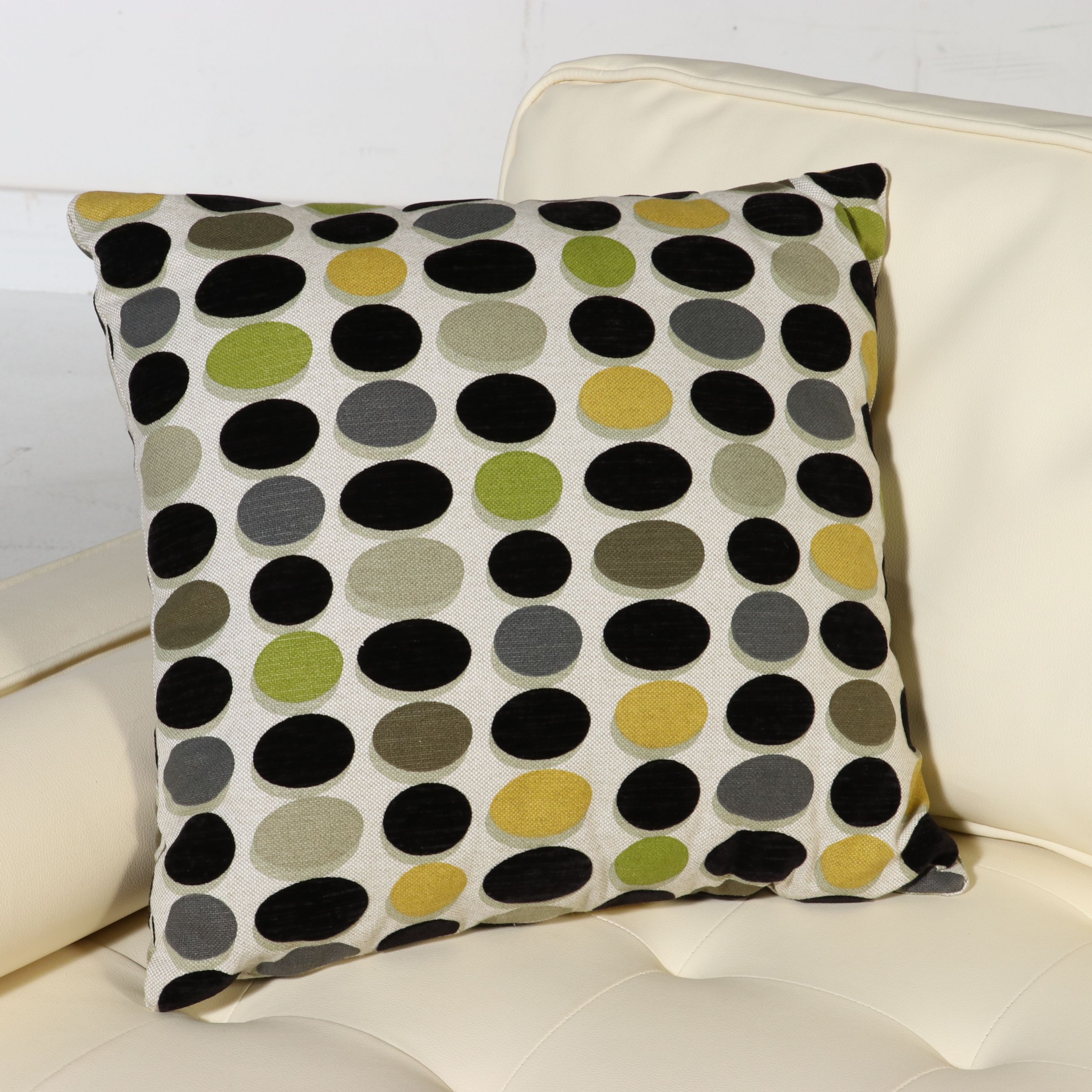 Contemporary Mid Century Modern Style Faux Leather Sofa and Polka Dot Pillows