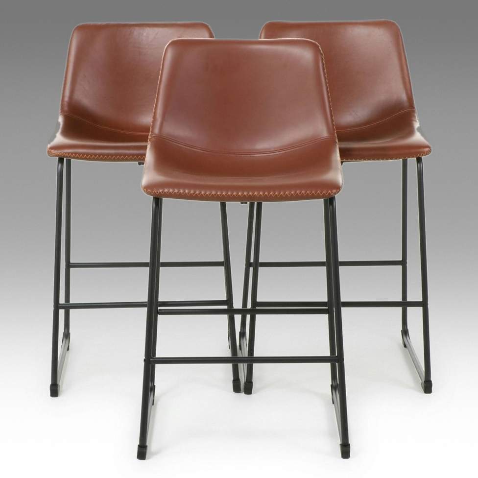 Set of Three Contemporary Mid-Century Style Faux Leather Stools