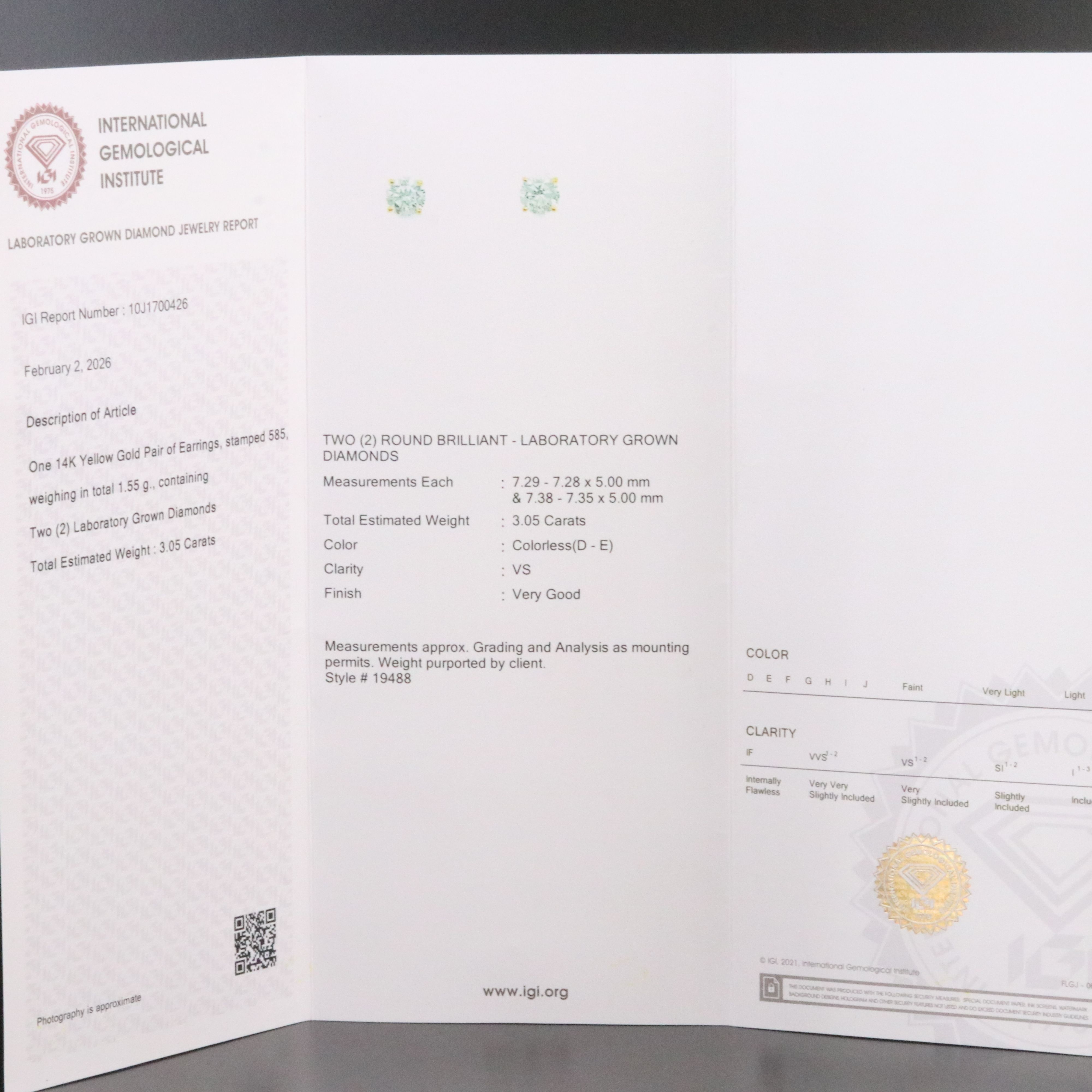 14K 3.05 CTW Lab Grown Diamond Stud Earrings with IGI Jewelry Report