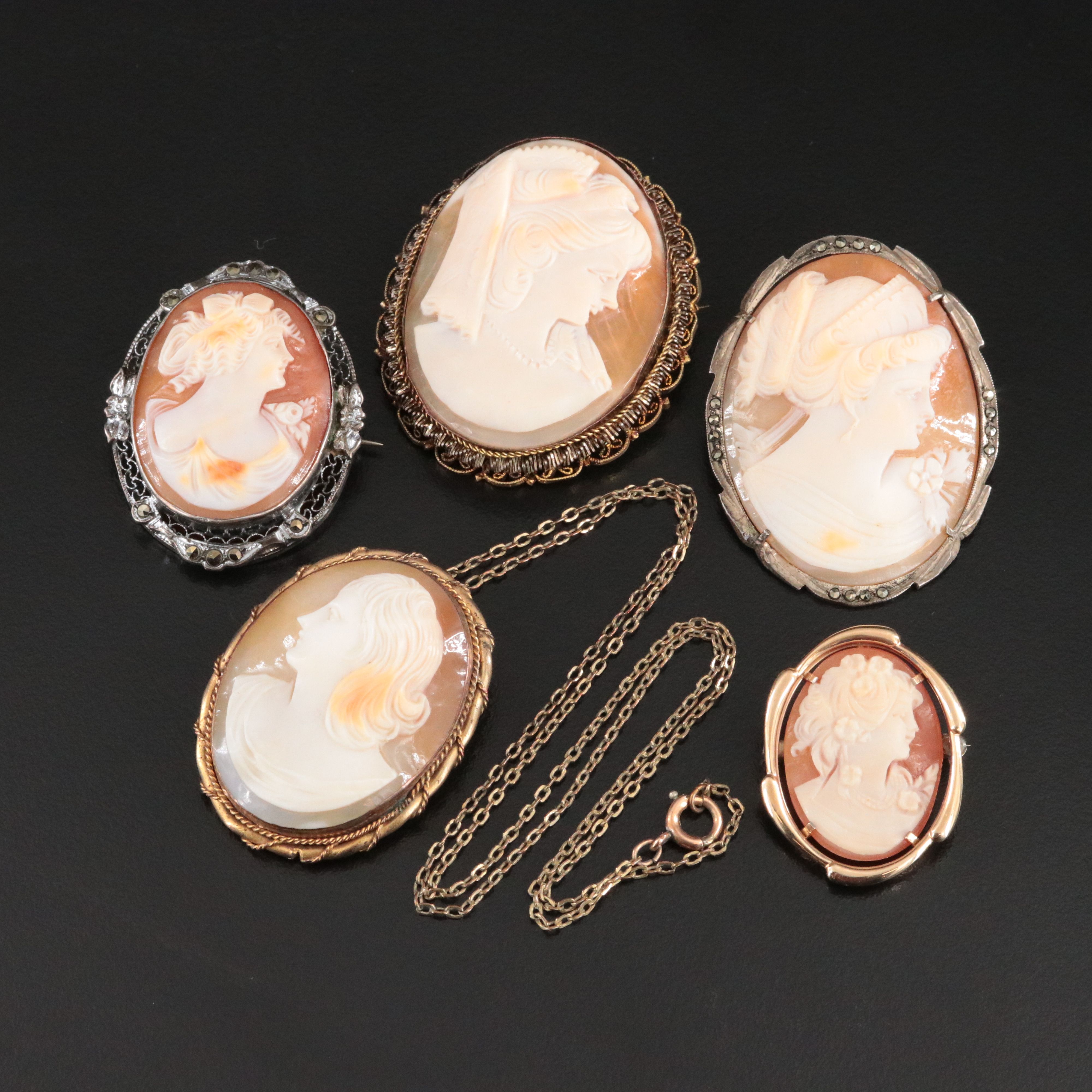 Shell Cameo Collection Including Krementz, Signed and 900 Silver