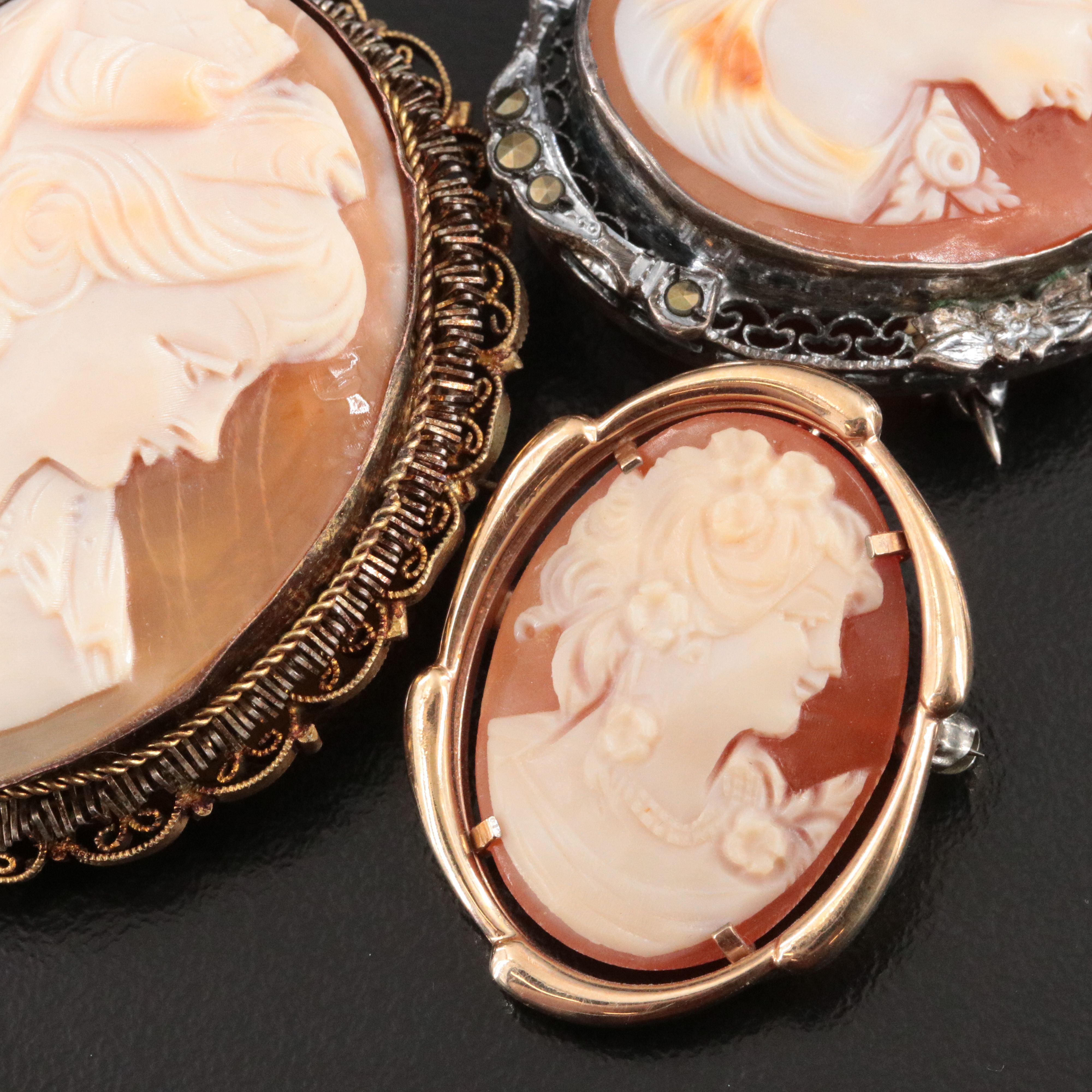 Shell Cameo Collection Including Krementz, Signed and 900 Silver