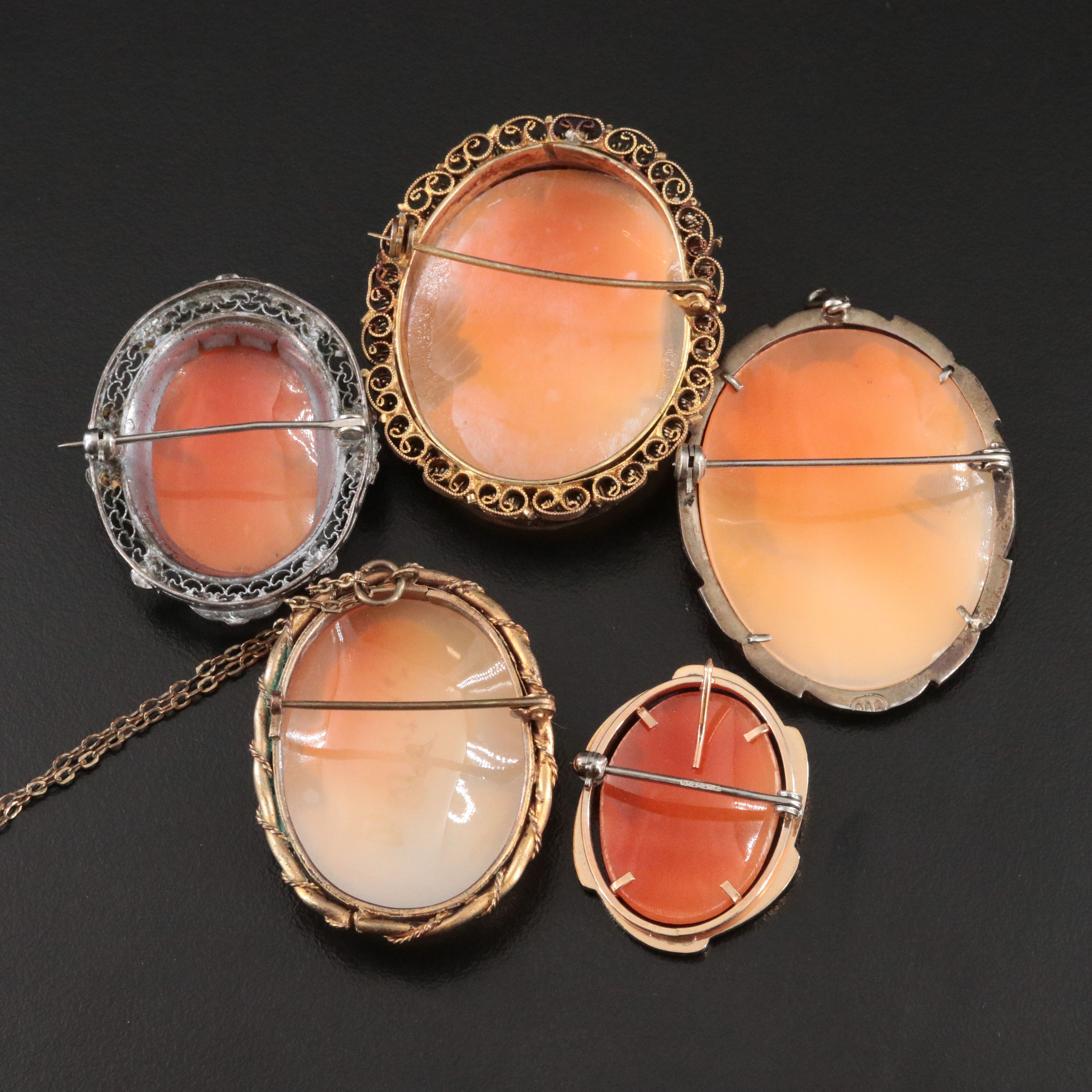 Shell Cameo Collection Including Krementz, Signed and 900 Silver