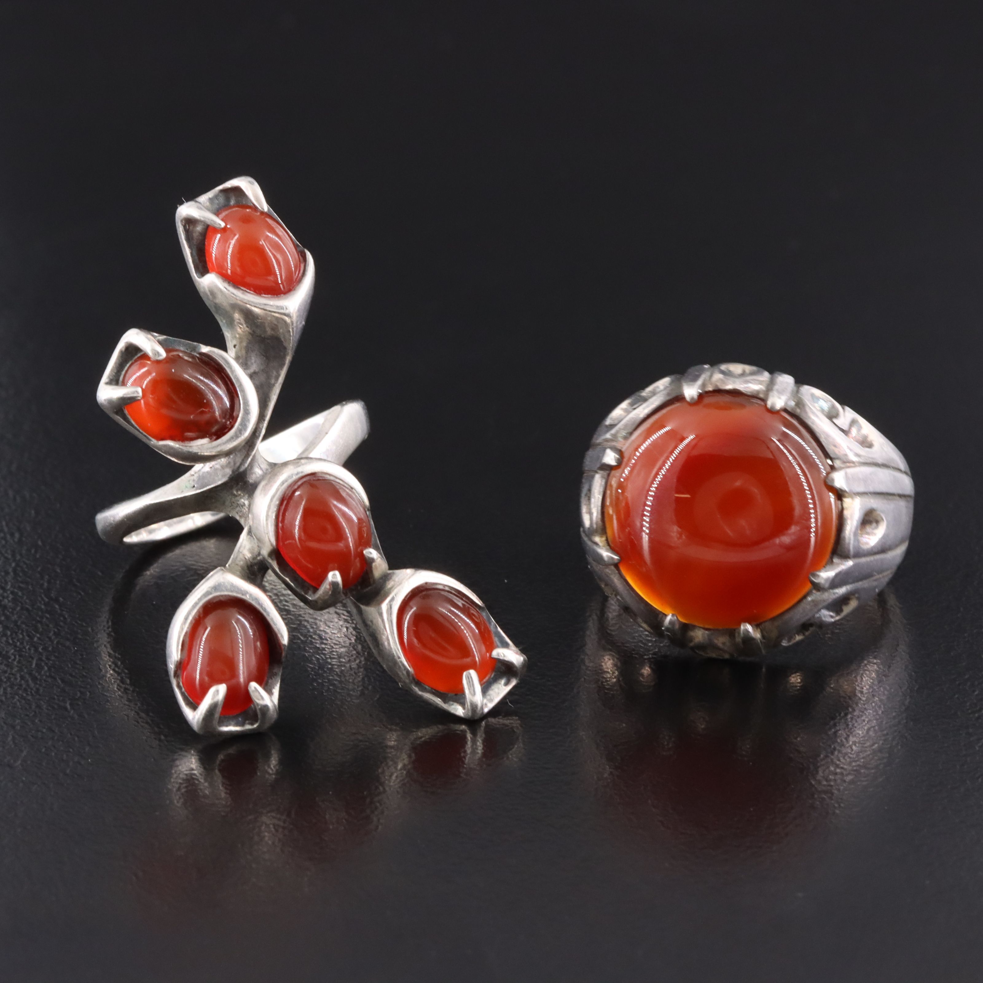 Suarti Agate and Modernist Carnelian Rings in Sterling