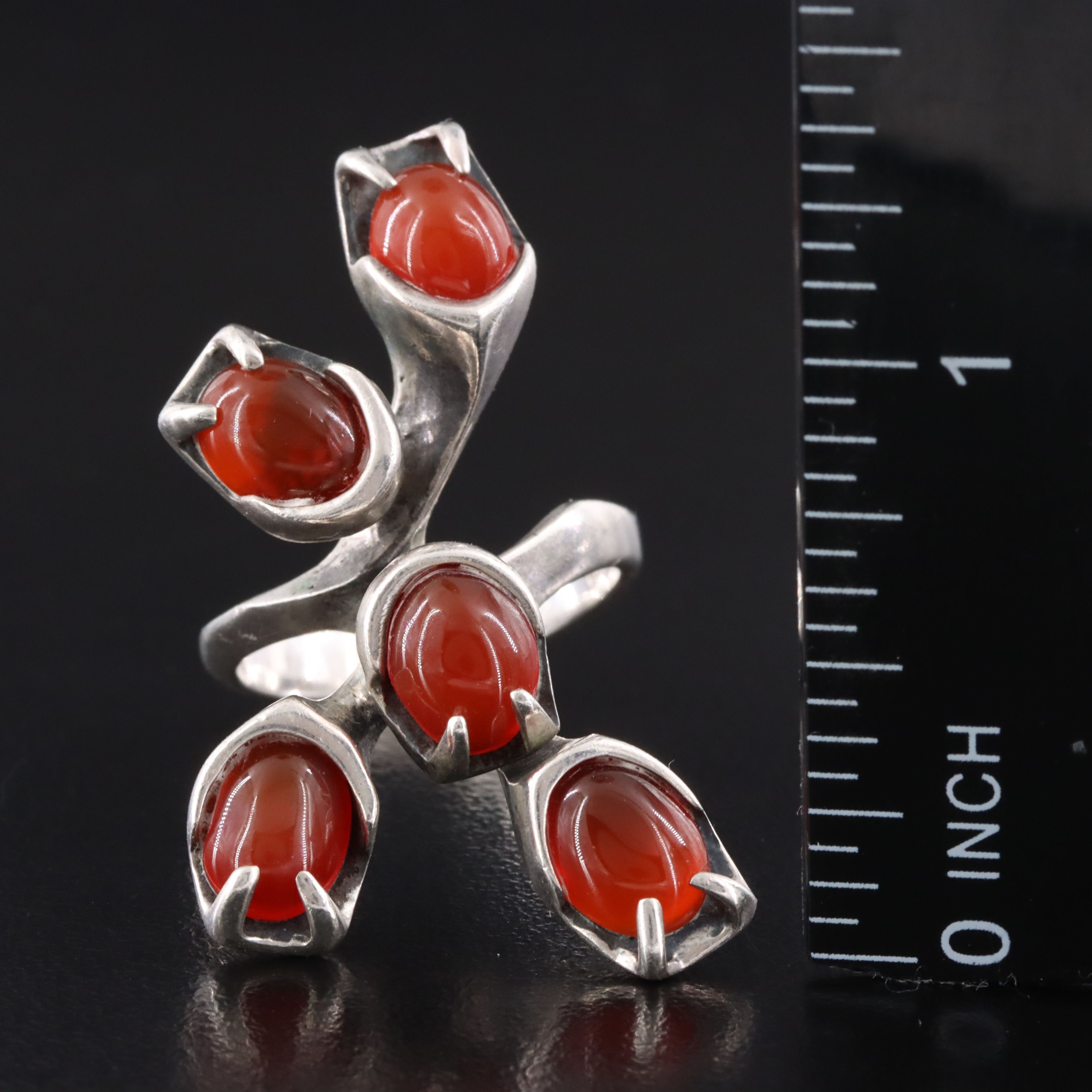 Suarti Agate and Modernist Carnelian Rings in Sterling