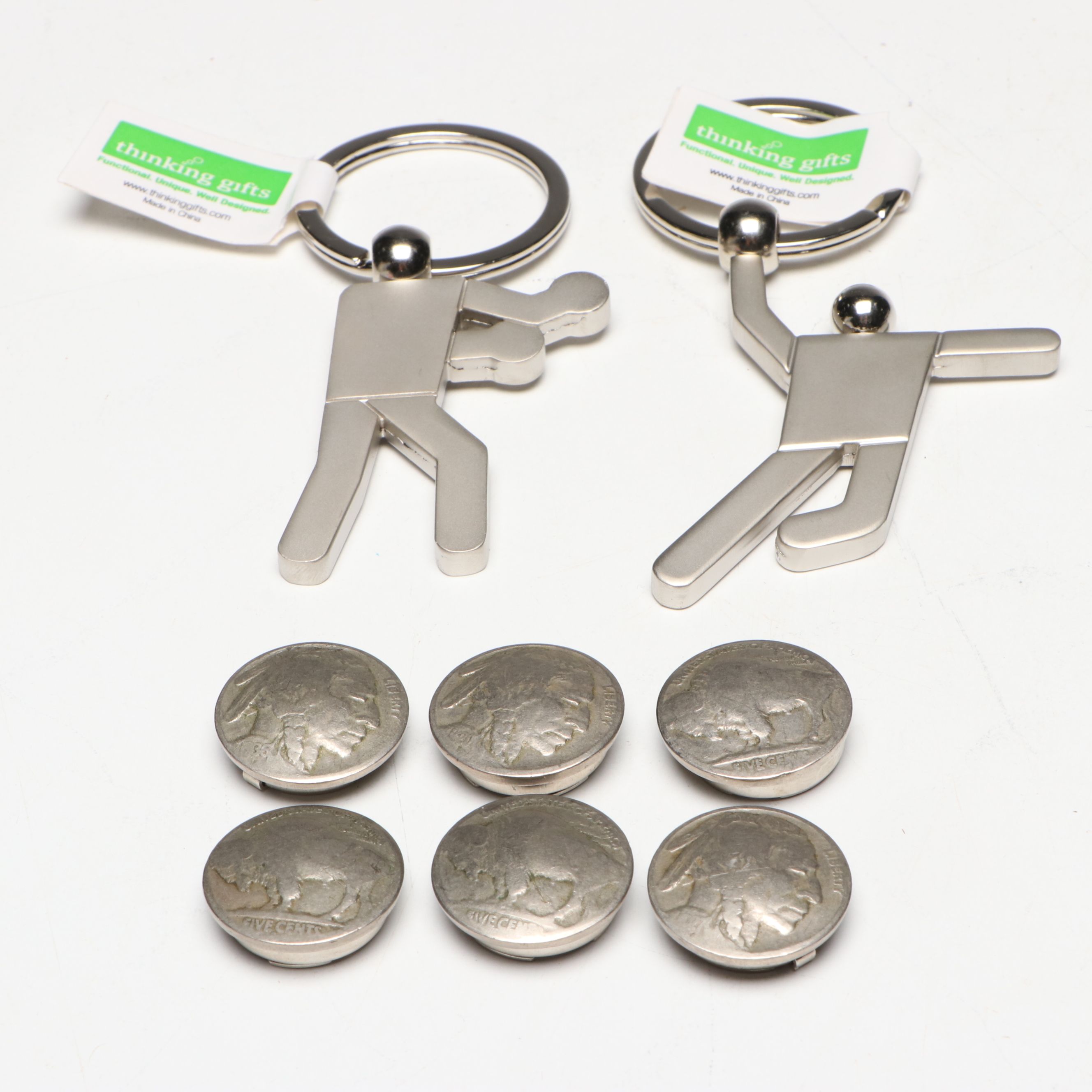Buffalo Nickel Button Covers and Thinking Gifts Metal Figural Keychains