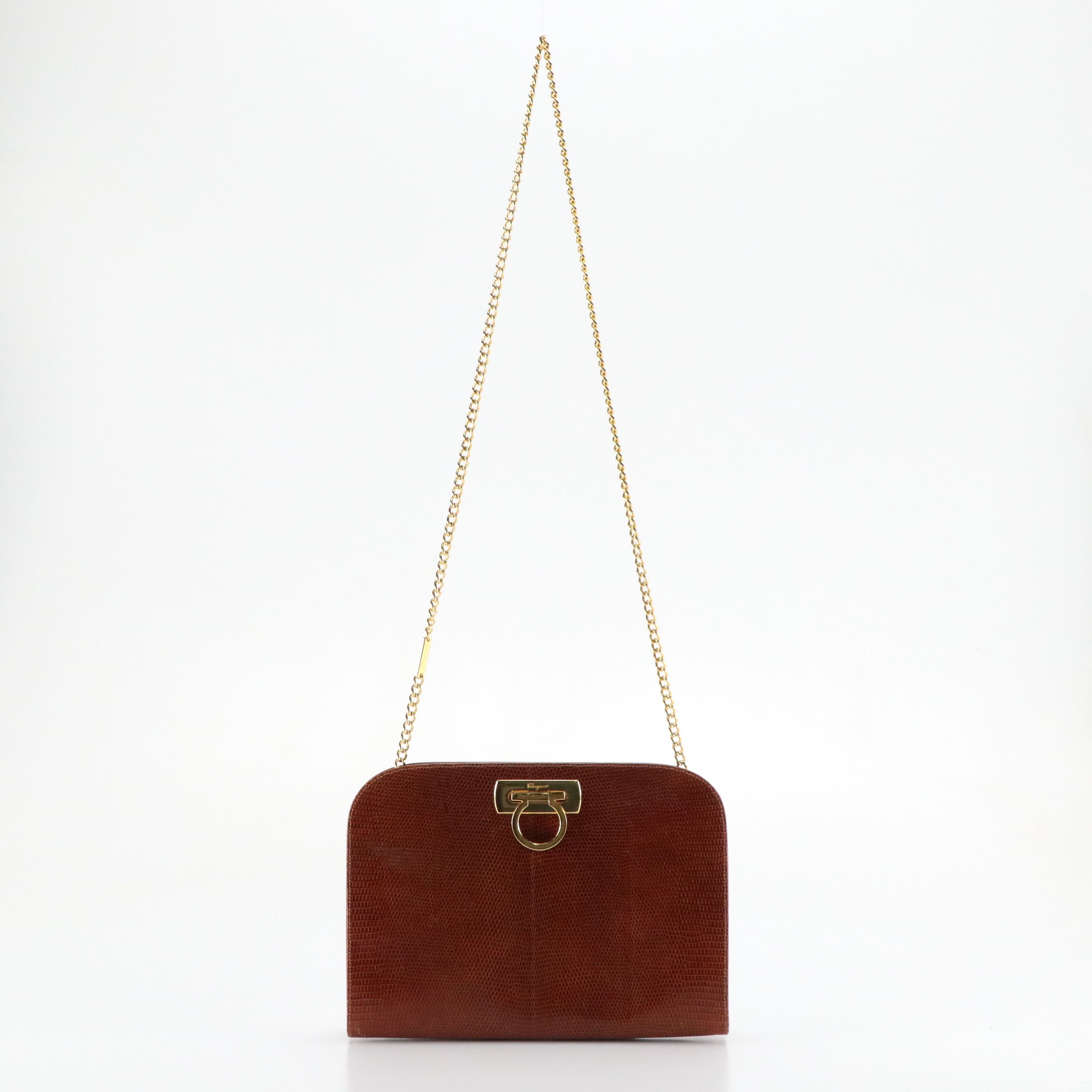 Ferragamo Gancini Clasp Chain Two Way Bag in Lizard Embossed Patent Leather