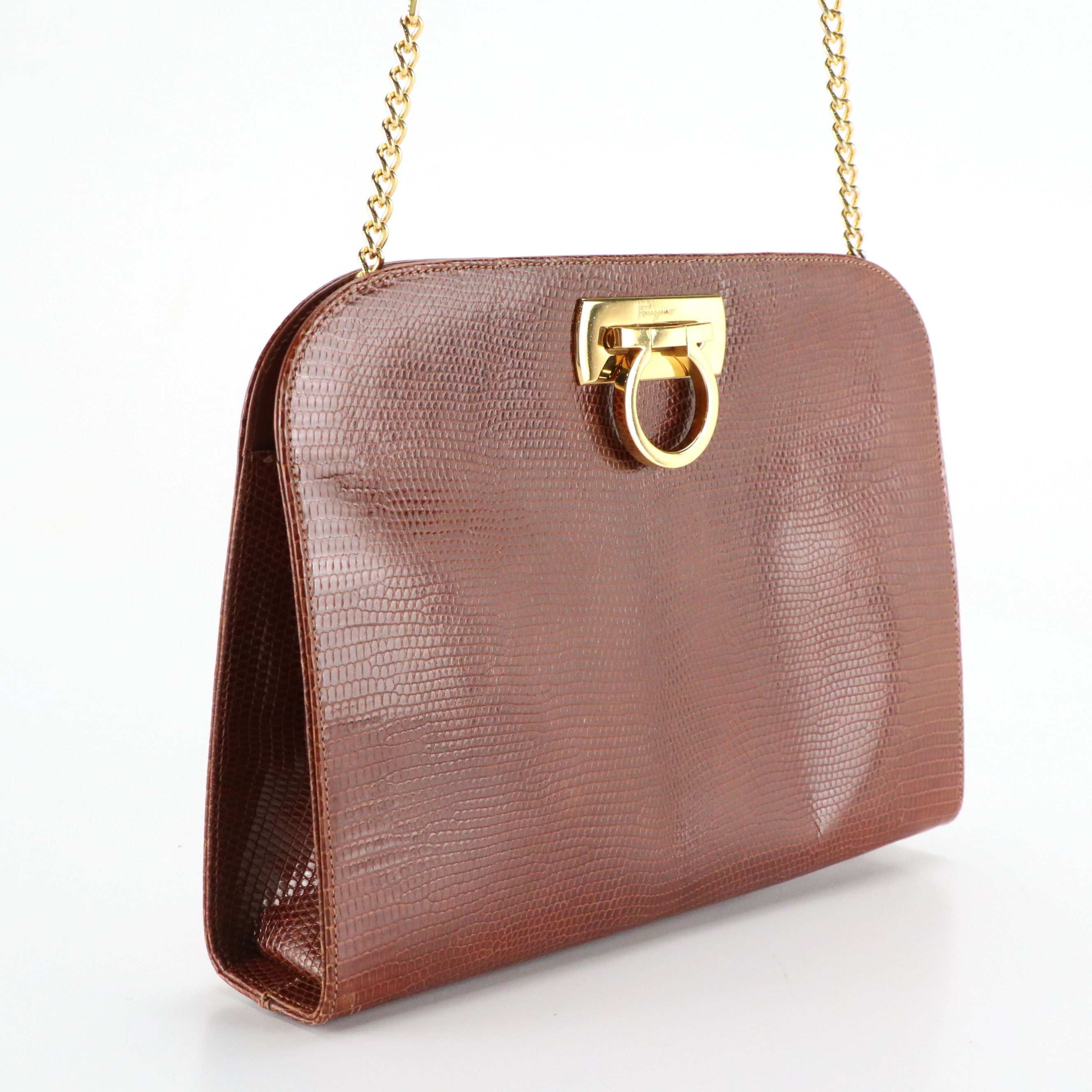 Ferragamo Gancini Clasp Chain Two Way Bag in Lizard Embossed Patent Leather