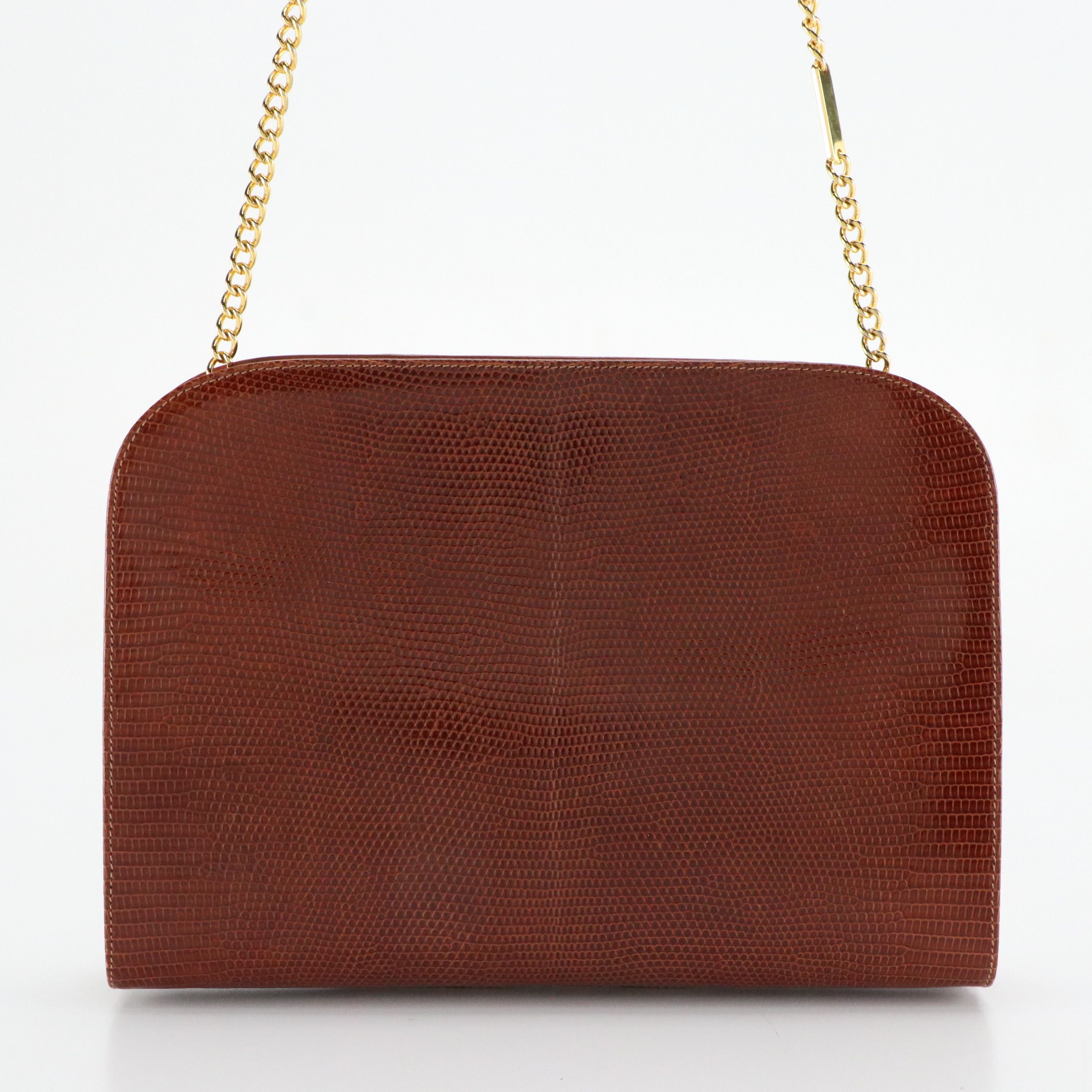 Ferragamo Gancini Clasp Chain Two Way Bag in Lizard Embossed Patent Leather