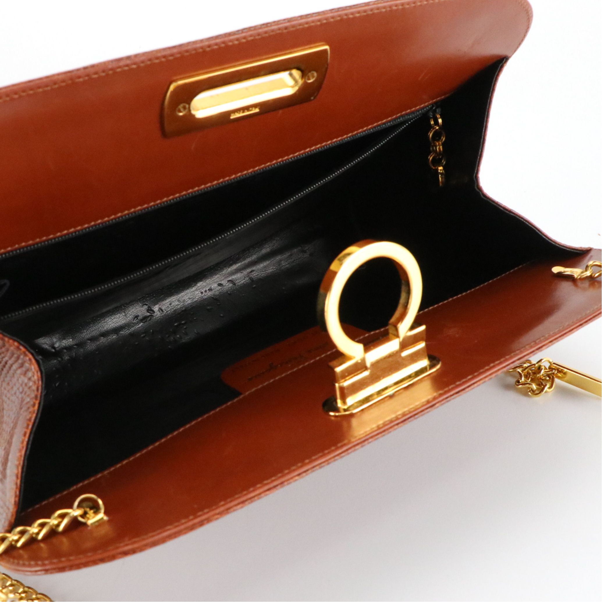 Ferragamo Gancini Clasp Chain Two Way Bag in Lizard Embossed Patent Leather