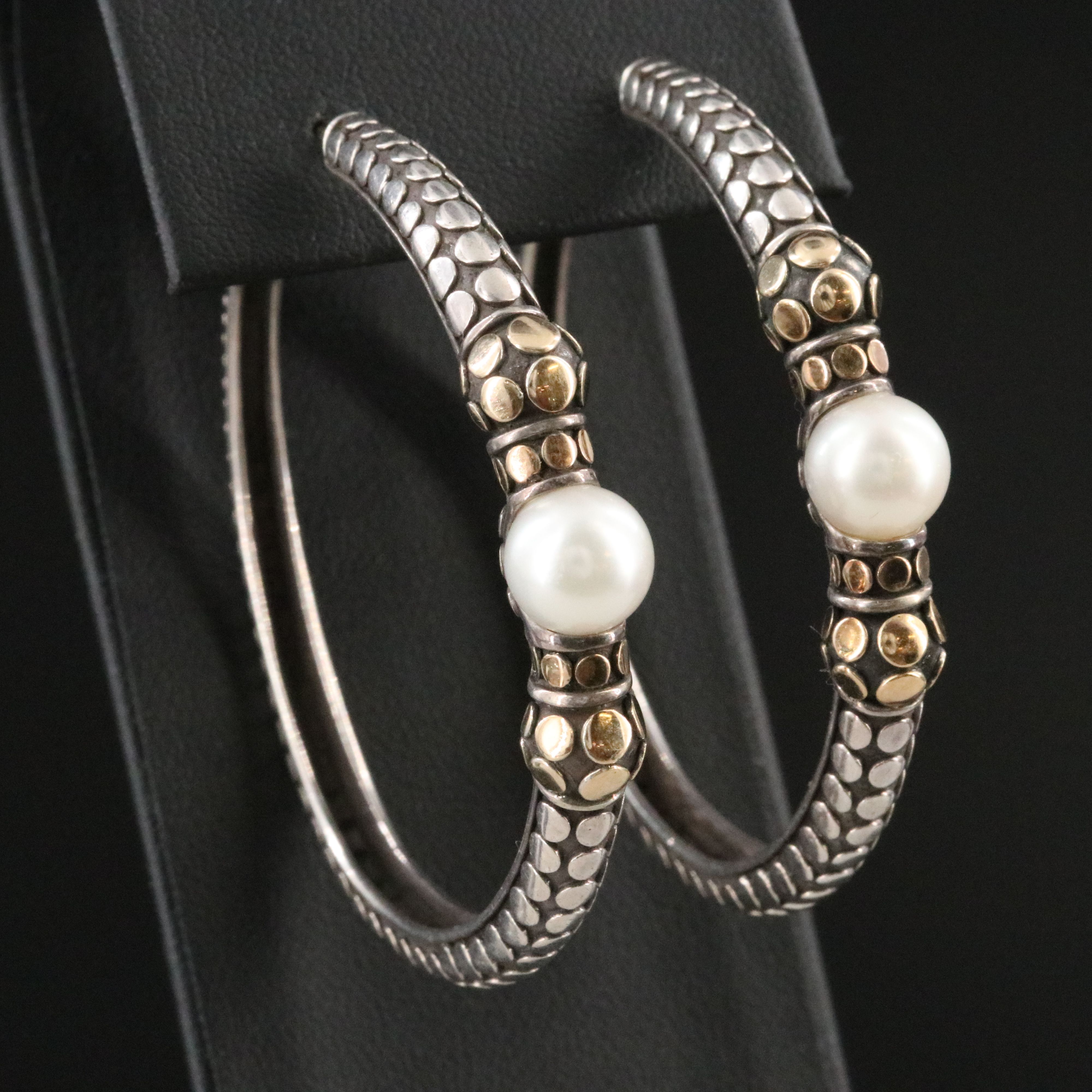 John Hardy Dot Sterling and Pearl Hoop Earrings with 18K Accents
