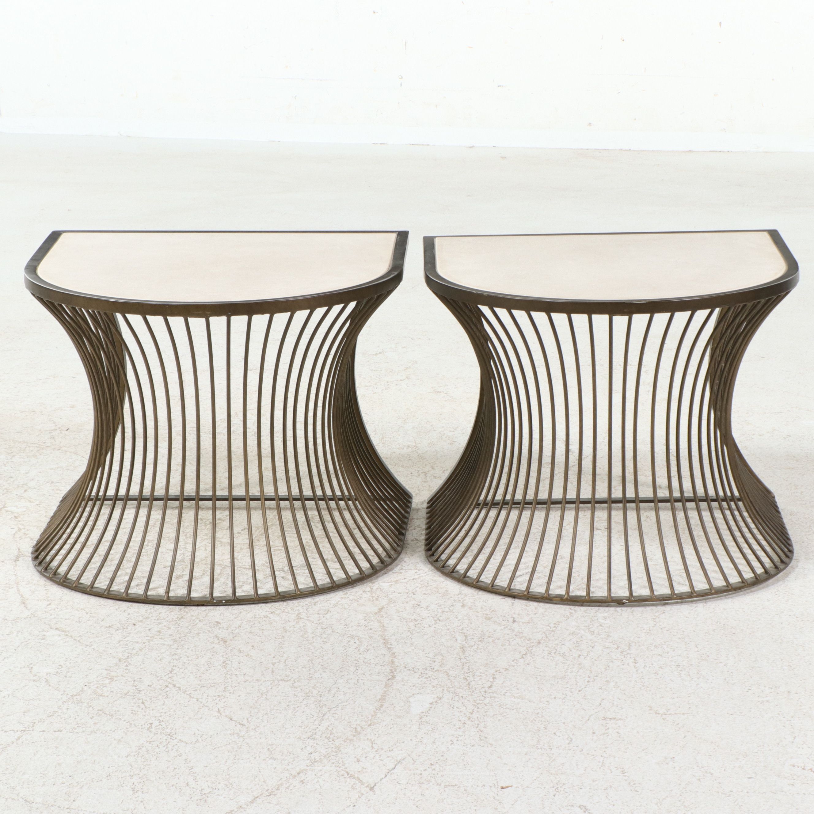 Pair of Arhaus "Platner" Style Bronze Wire Stone Top Side Tables, 21st Century