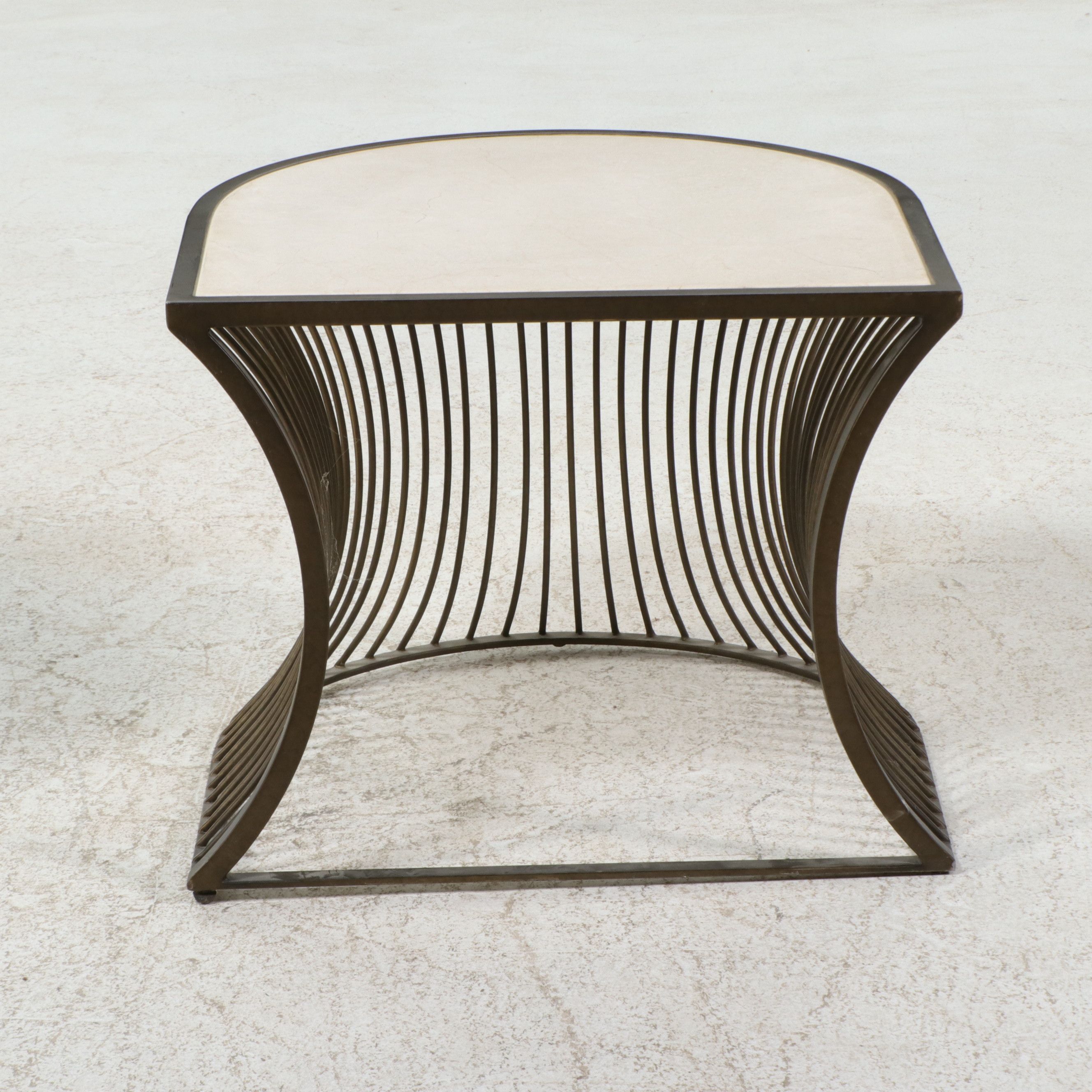 Pair of Arhaus "Platner" Style Bronze Wire Stone Top Side Tables, 21st Century