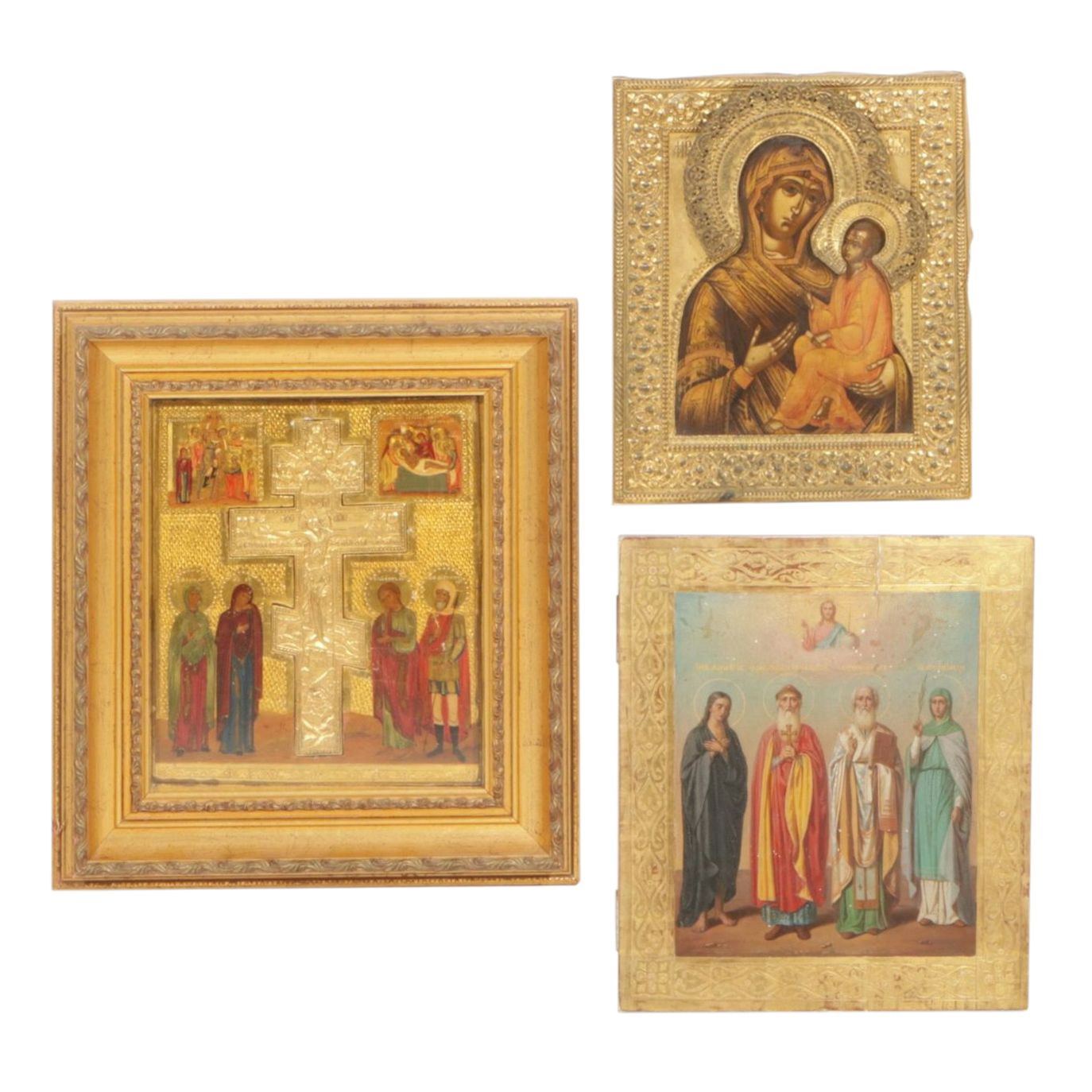 Russian Orthodox Icons of Holy Mother, Crucifixion and Saints