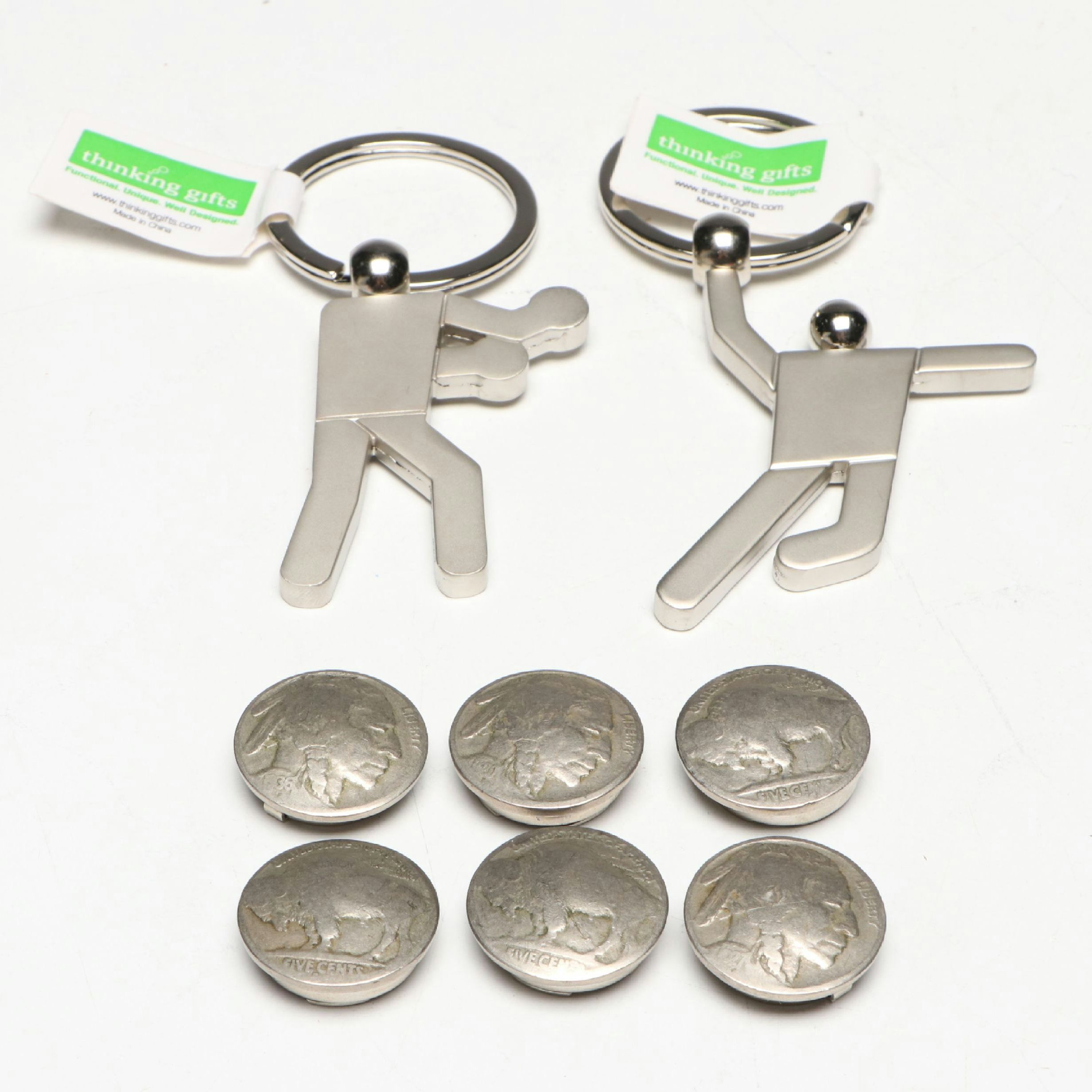Buffalo Nickel Button Covers and Thinking Gifts Metal Figural Keychains