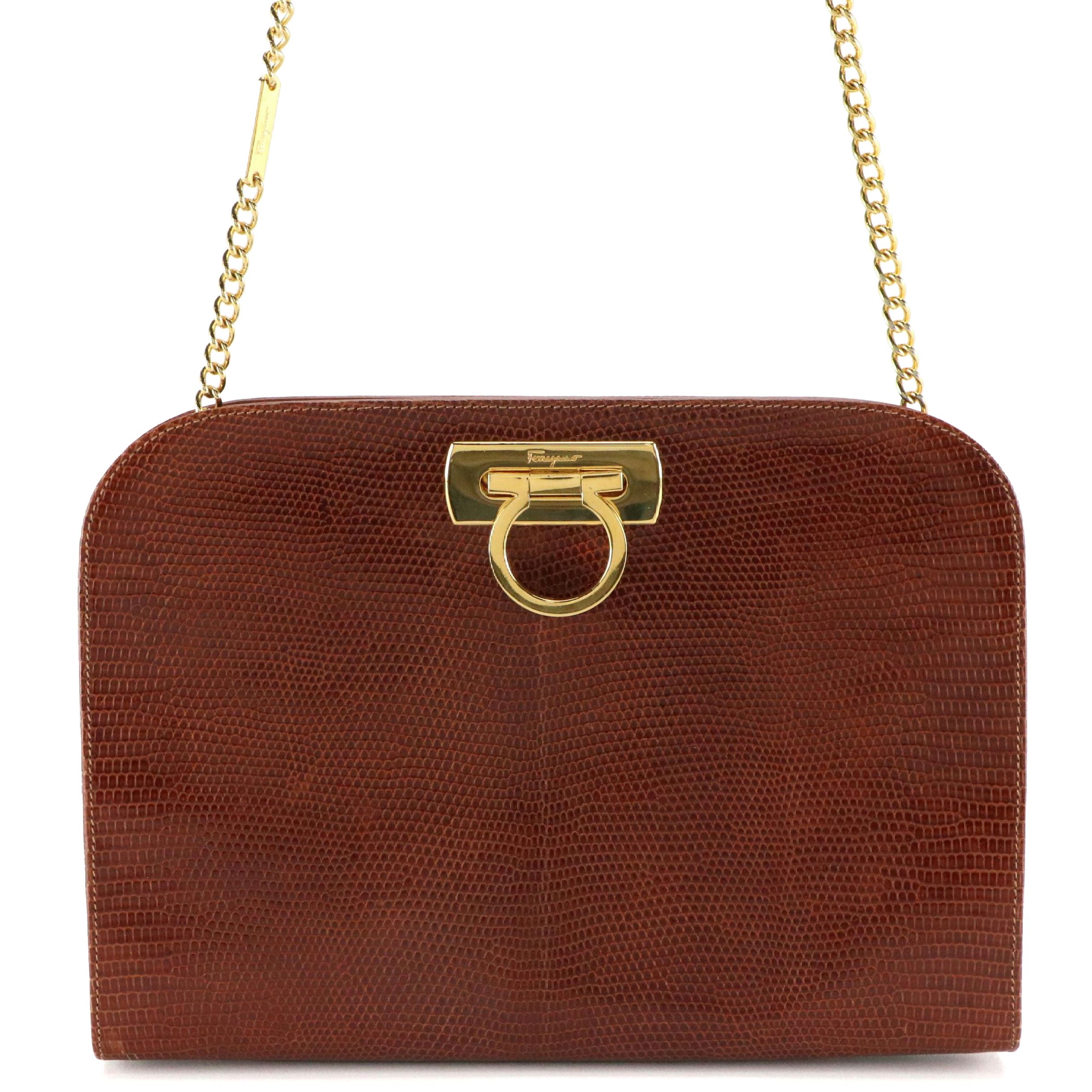 Ferragamo Gancini Clasp Chain Two Way Bag in Lizard Embossed Patent Leather