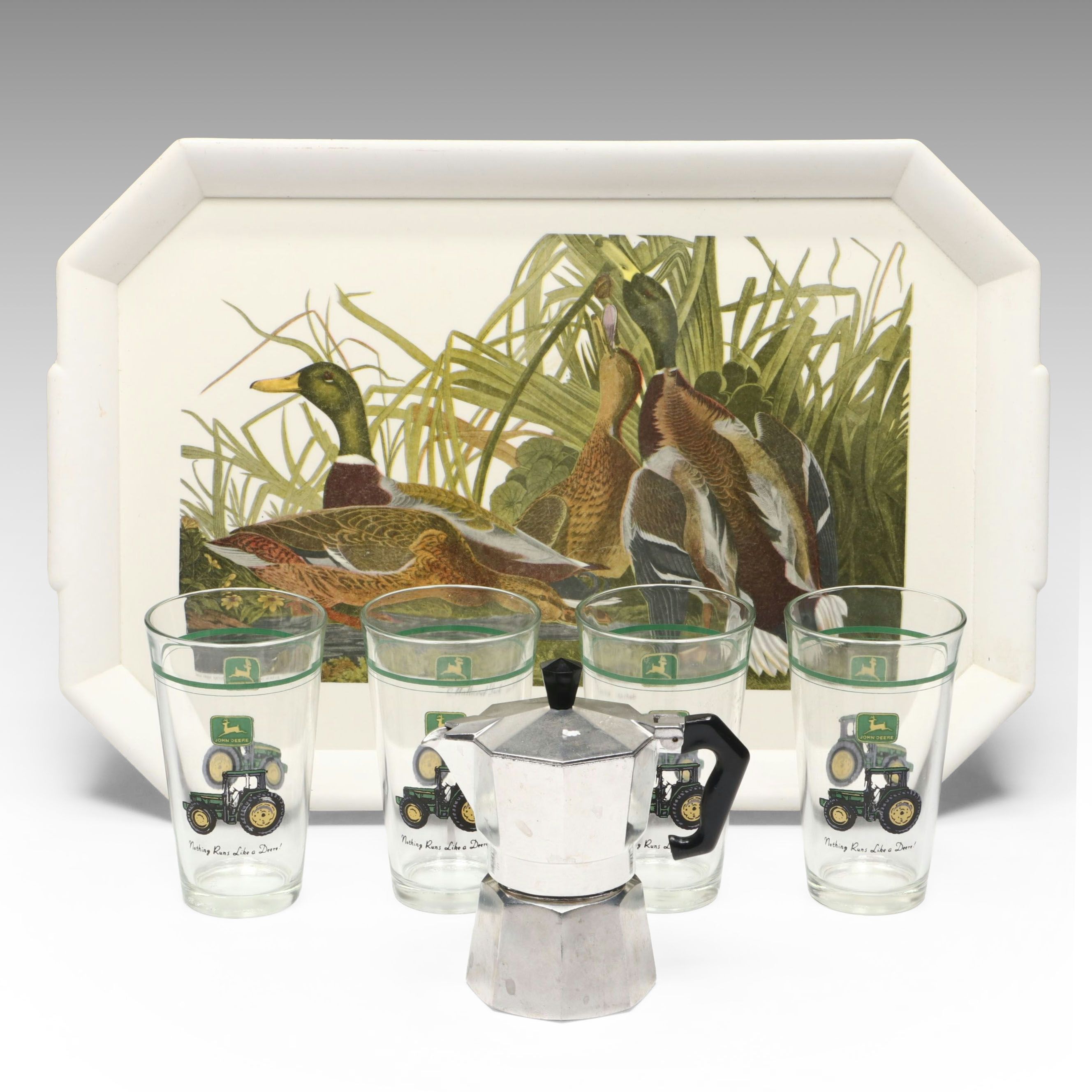 Waverly Products "Mallard Duck" Plastic Tray with Other Tumblers and Moka Pot