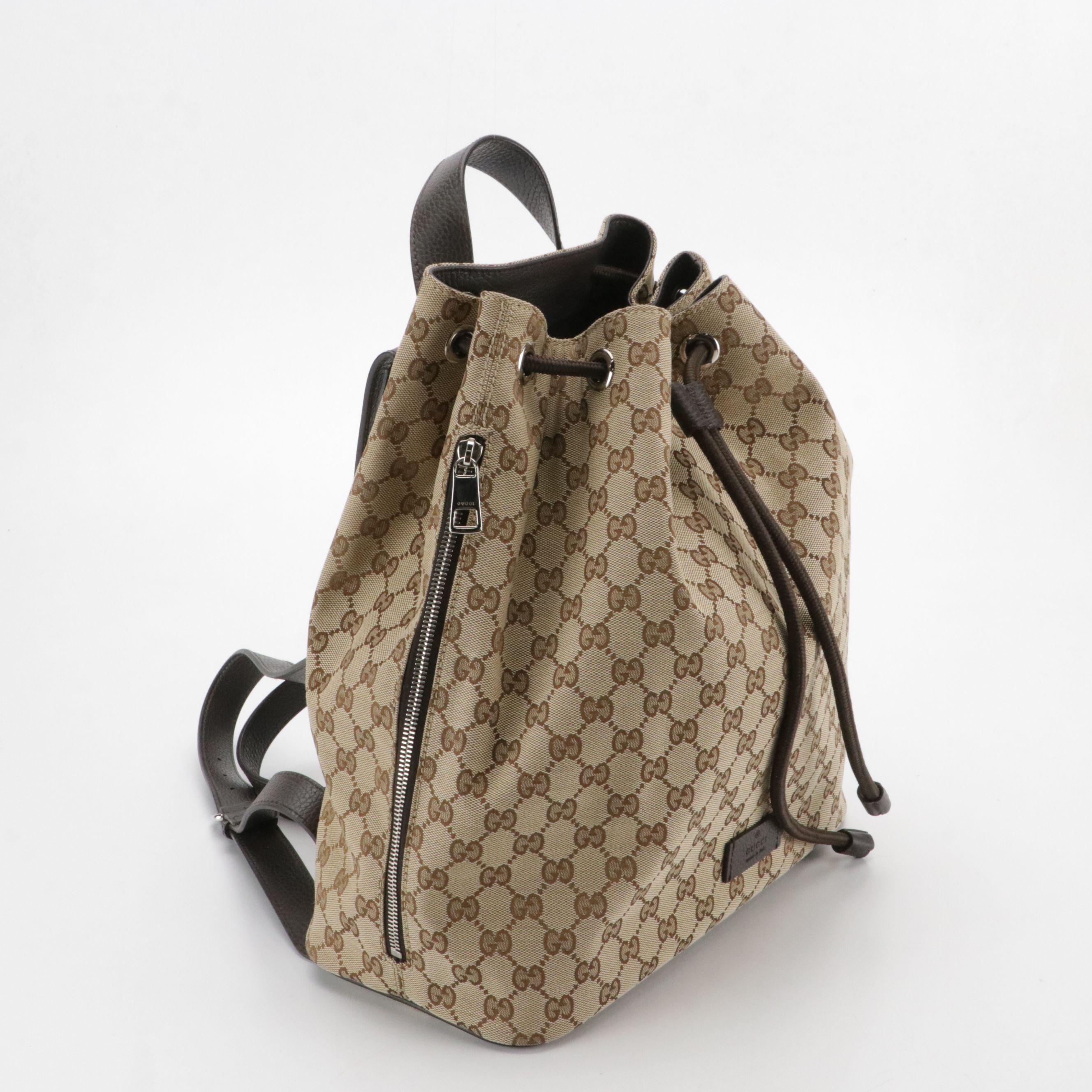Gucci Side Zip Drawstring Backpack in Brown GG Canvas and Leather