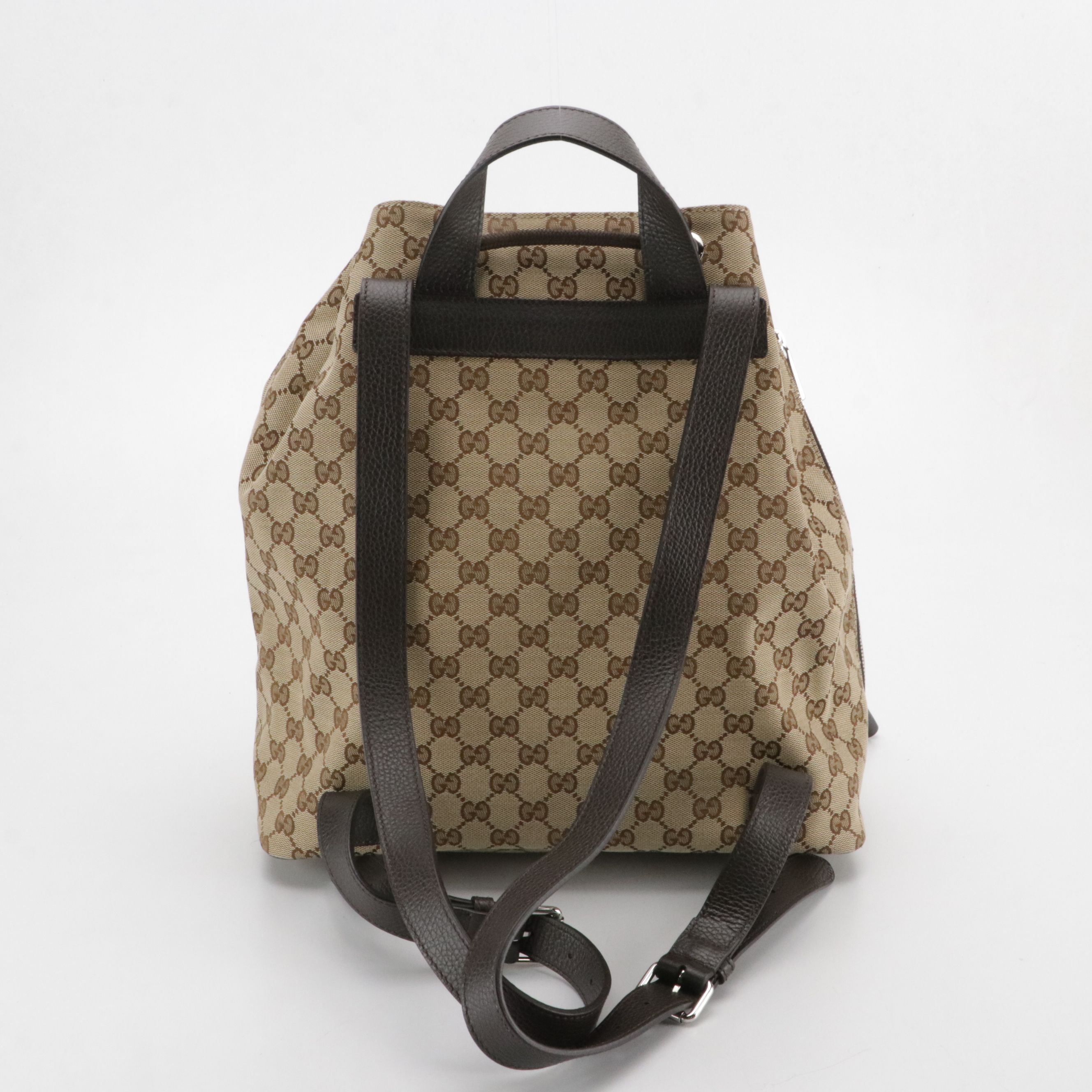 Gucci Side Zip Drawstring Backpack in Brown GG Canvas and Leather