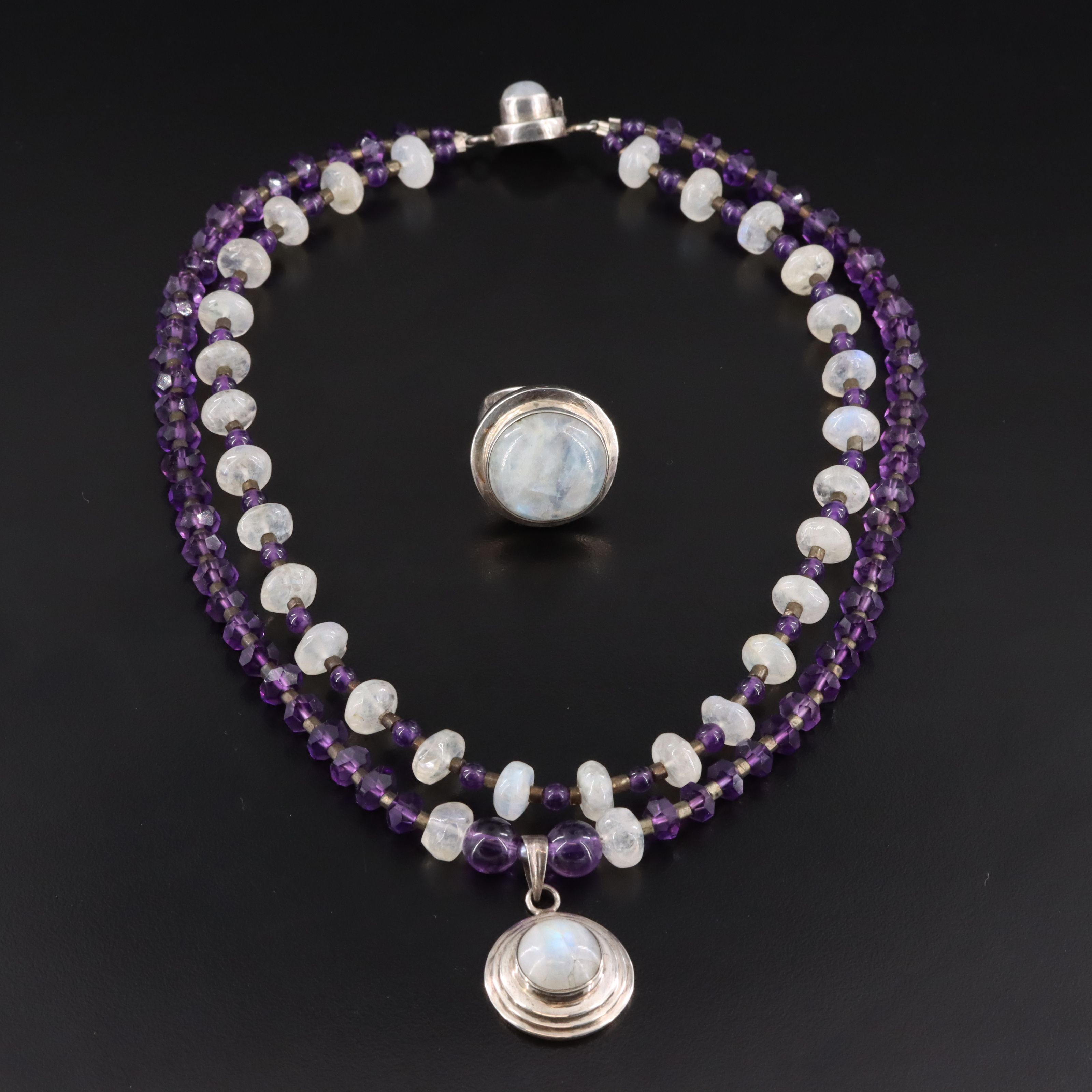Sterling Rainbow Moonstone and Amethyst Necklace and Ring