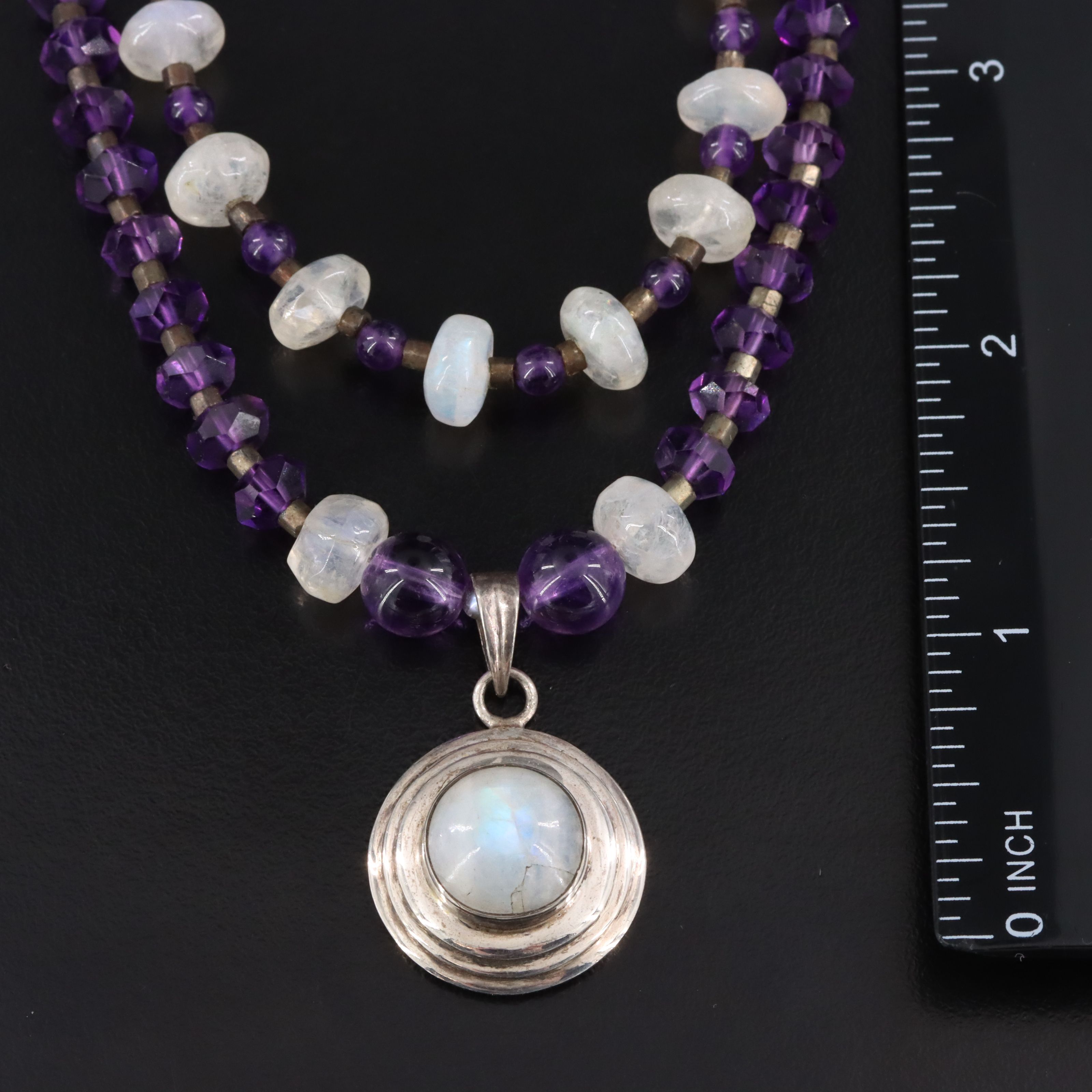 Sterling Rainbow Moonstone and Amethyst Necklace and Ring