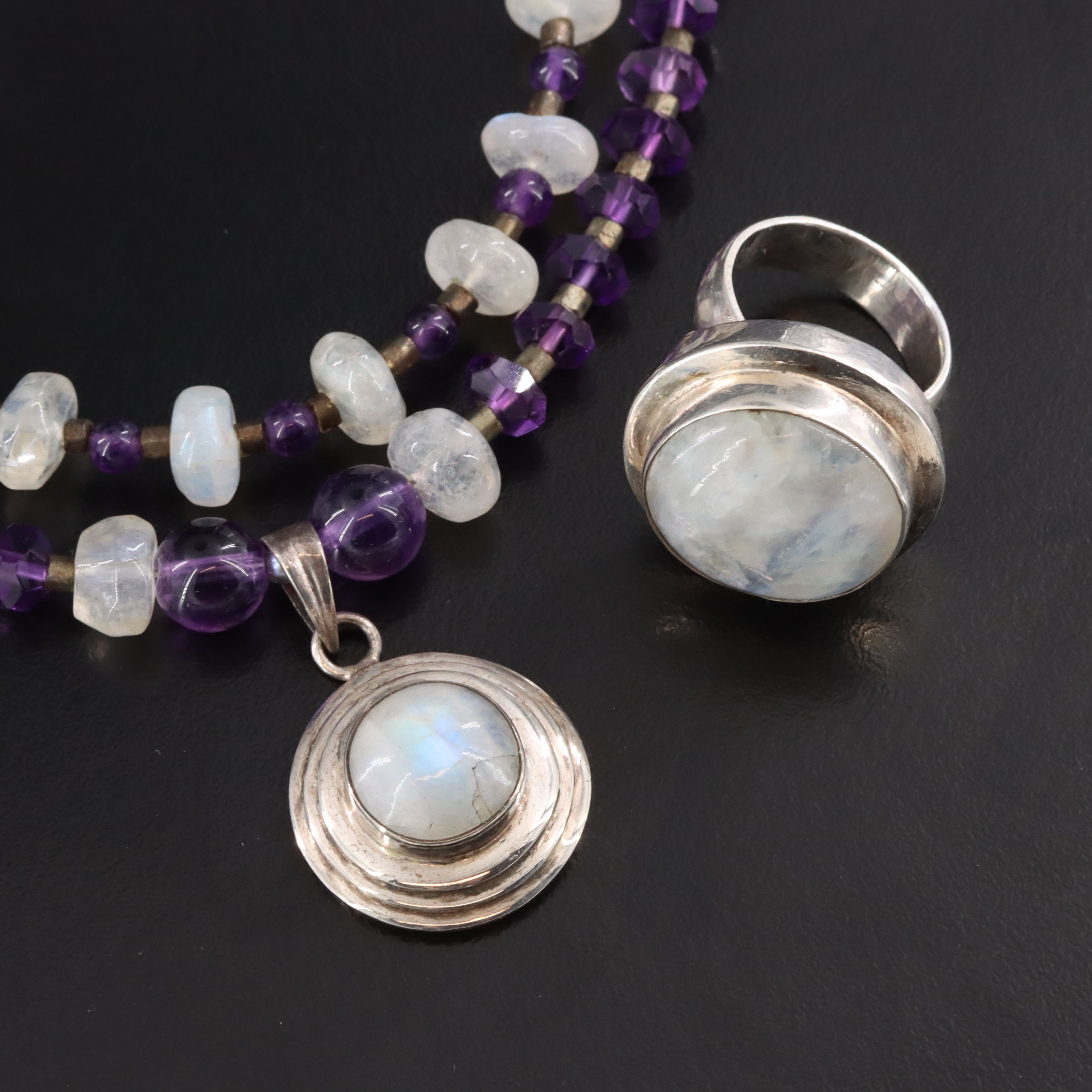 Sterling Rainbow Moonstone and Amethyst Necklace and Ring