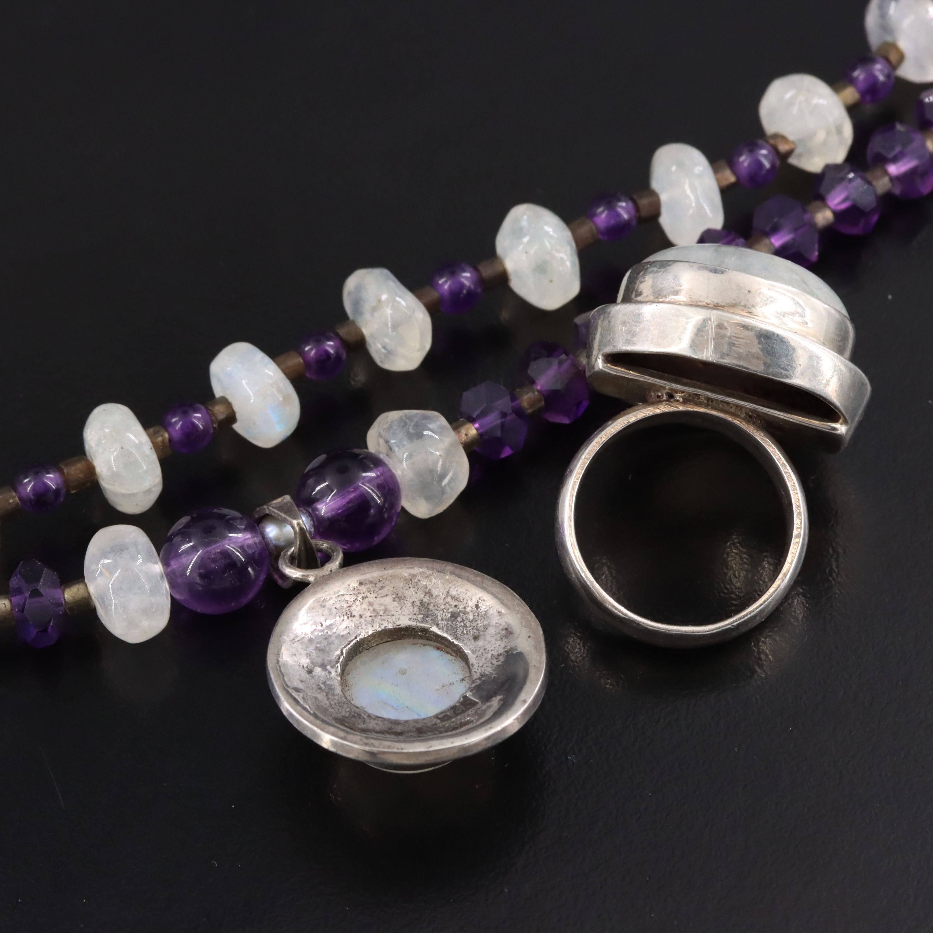 Sterling Rainbow Moonstone and Amethyst Necklace and Ring