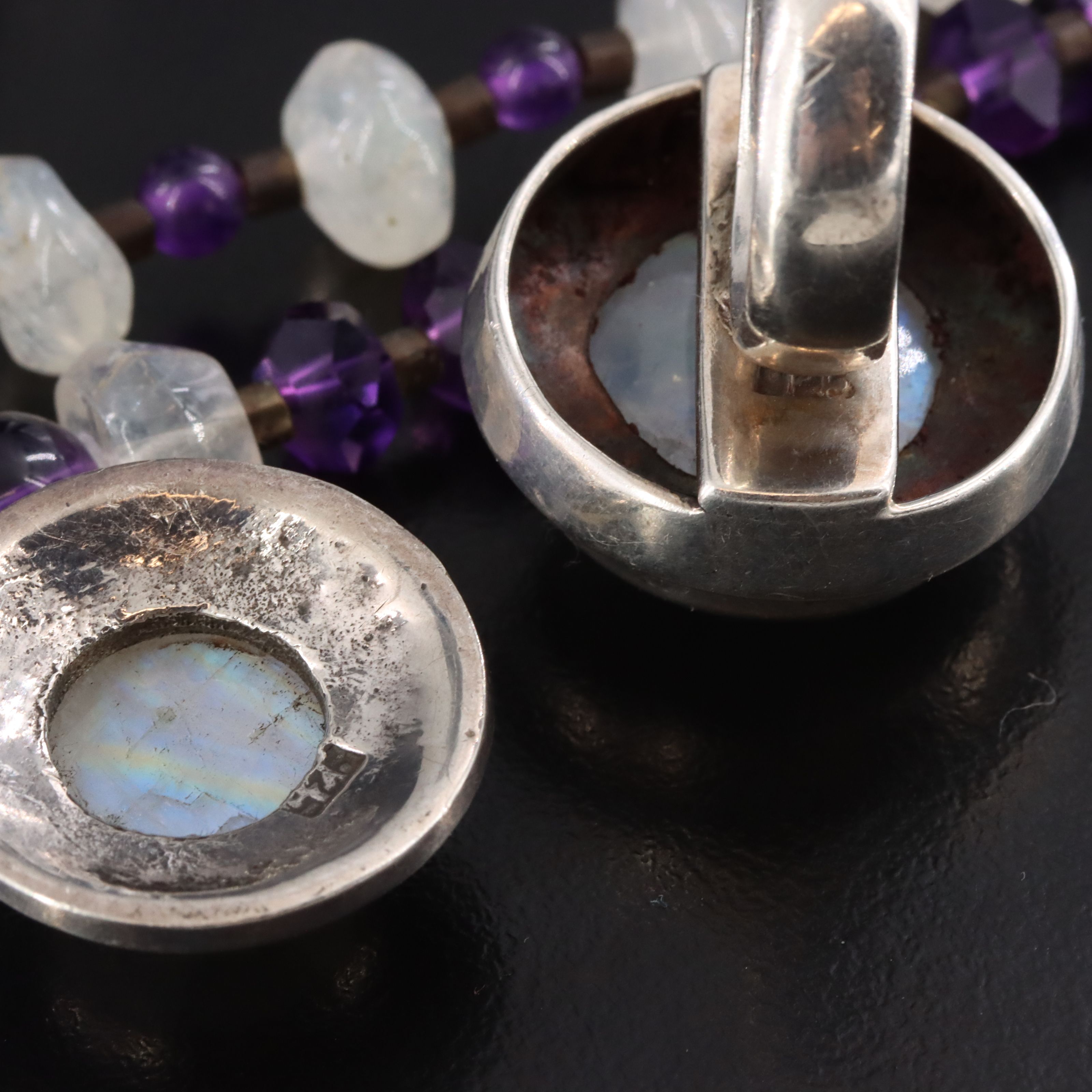 Sterling Rainbow Moonstone and Amethyst Necklace and Ring