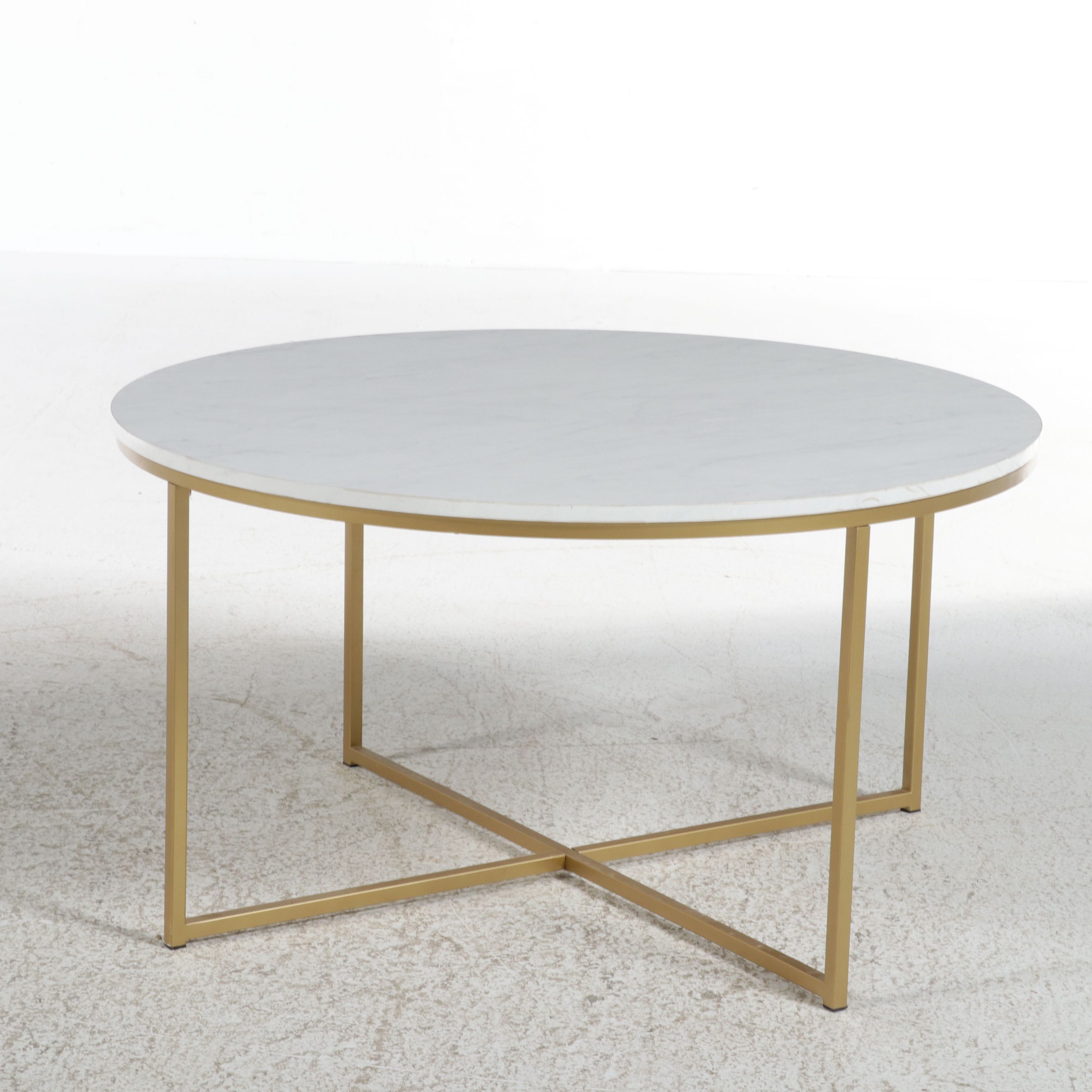 Contemporary Round Faux Marble Coffee Table with Gold X-Base