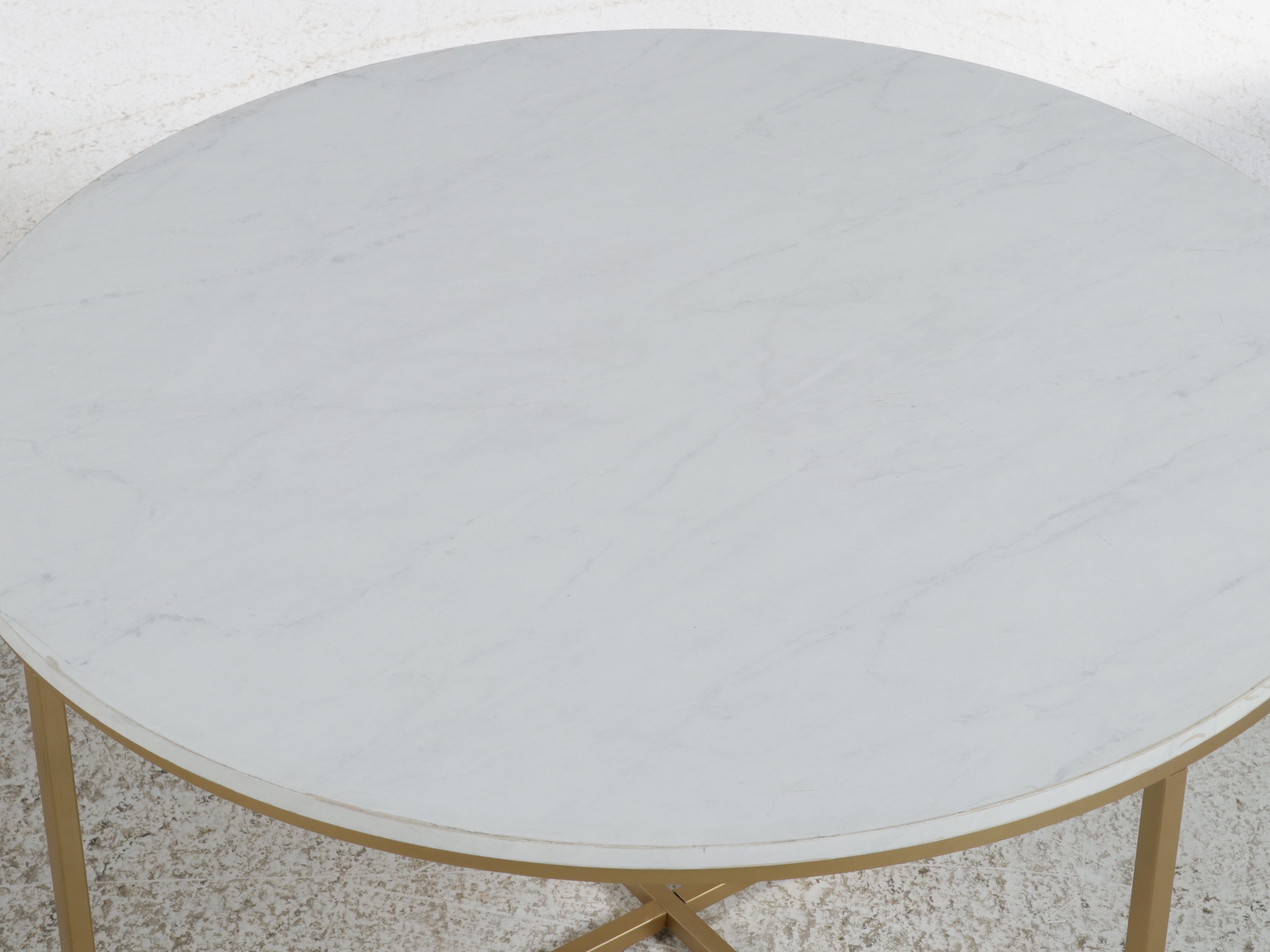 Contemporary Round Faux Marble Coffee Table with Gold X-Base