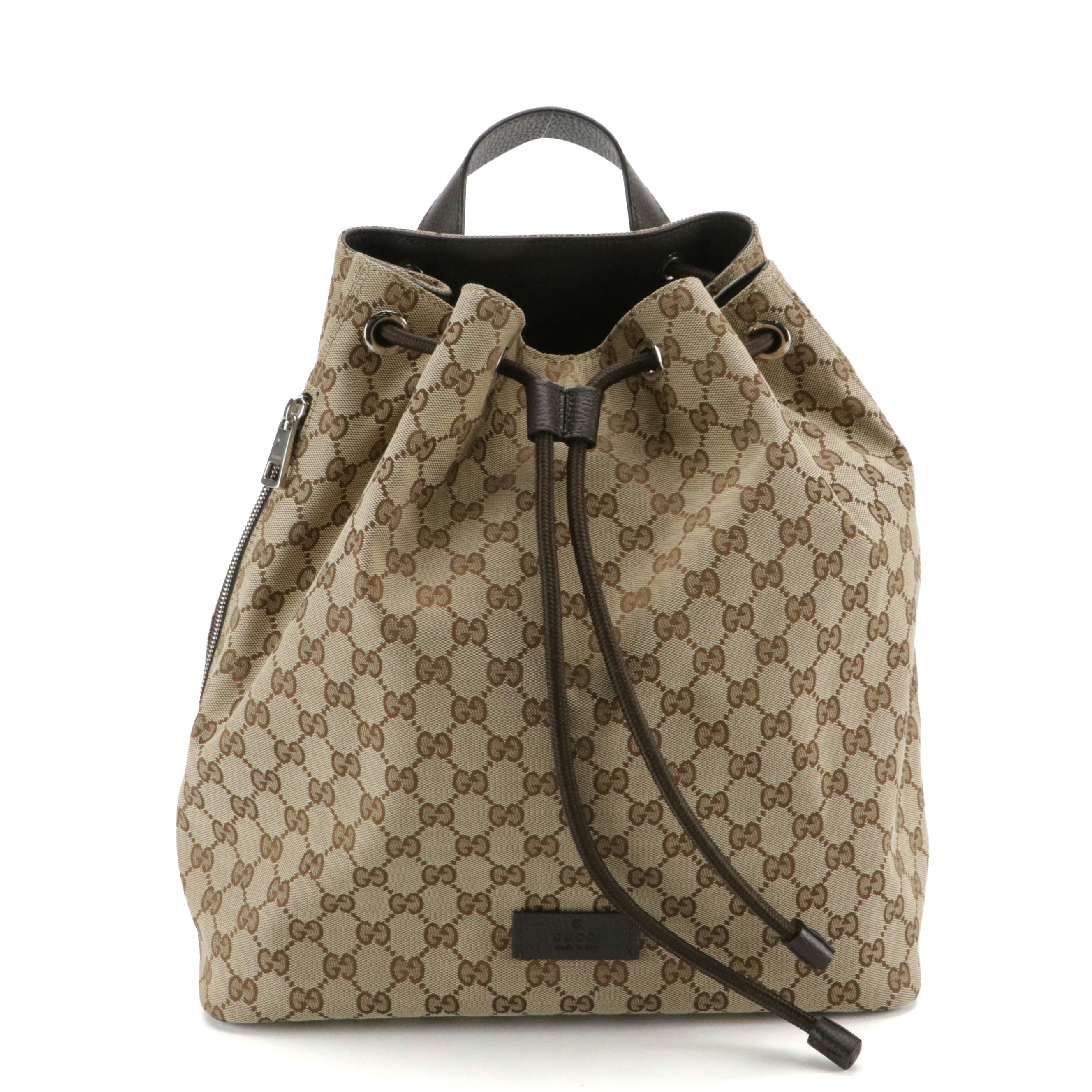 Gucci Side Zip Drawstring Backpack in Brown GG Canvas and Leather