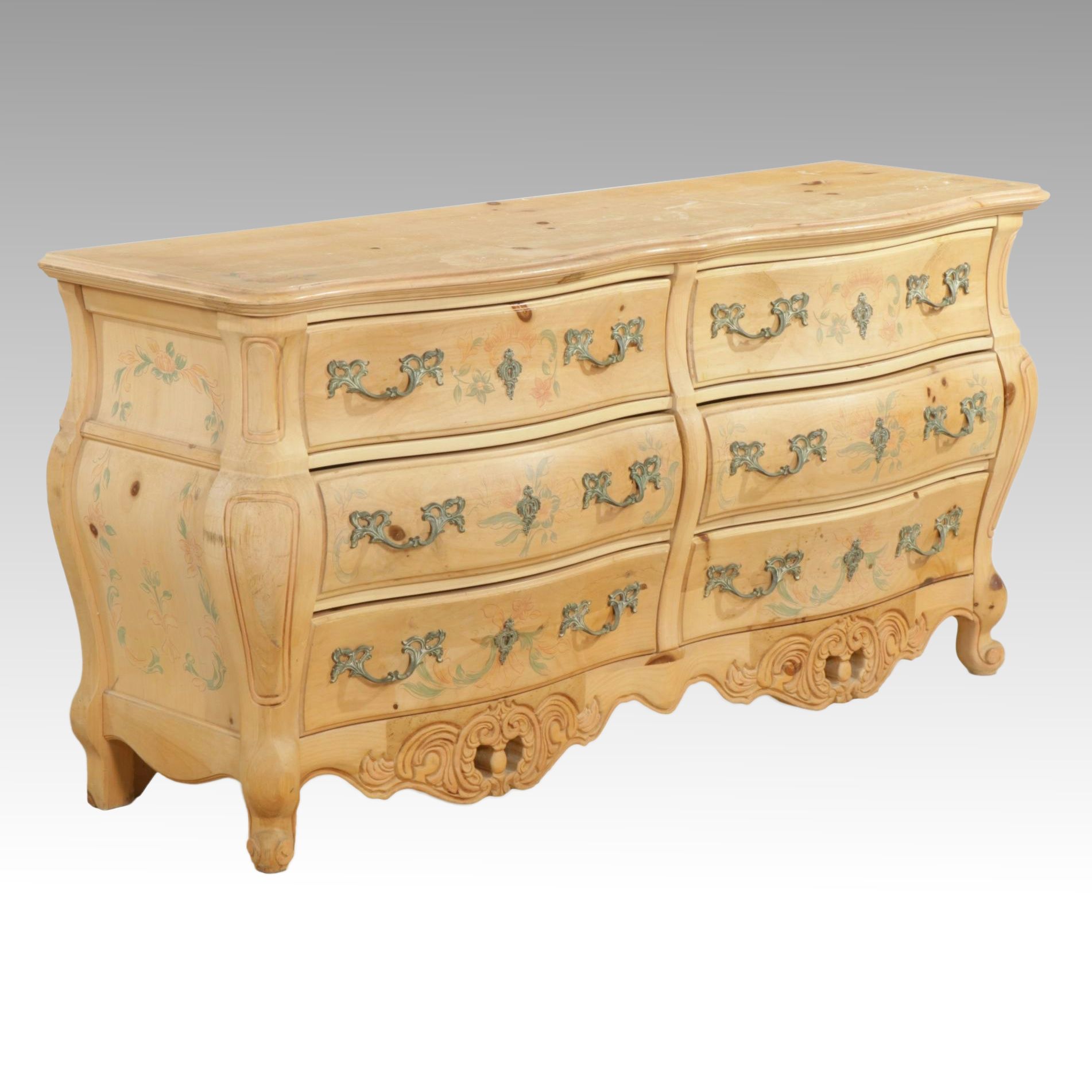 Pulaski Furniture Louis XV Style Paint Decorated Pine Bombé Dresser
