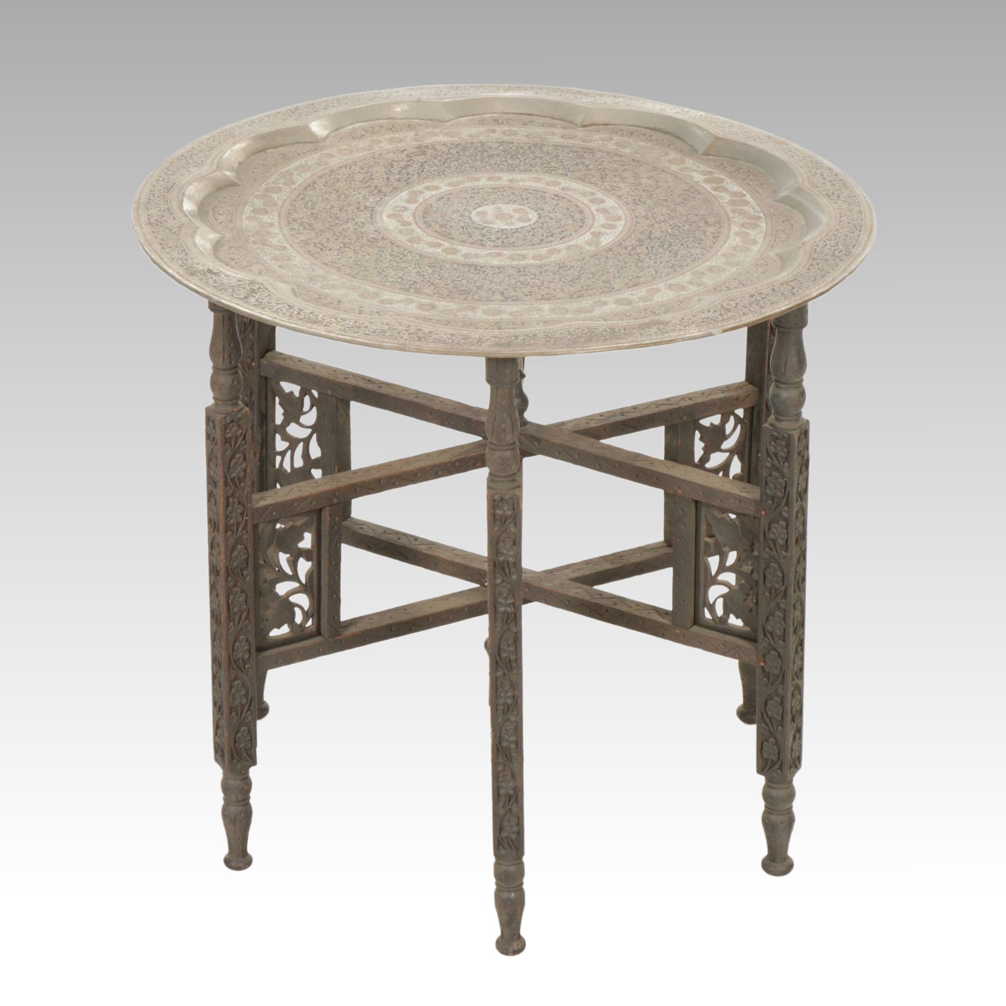 Middle Eastern Painted Brass Tray Table with Folding Base
