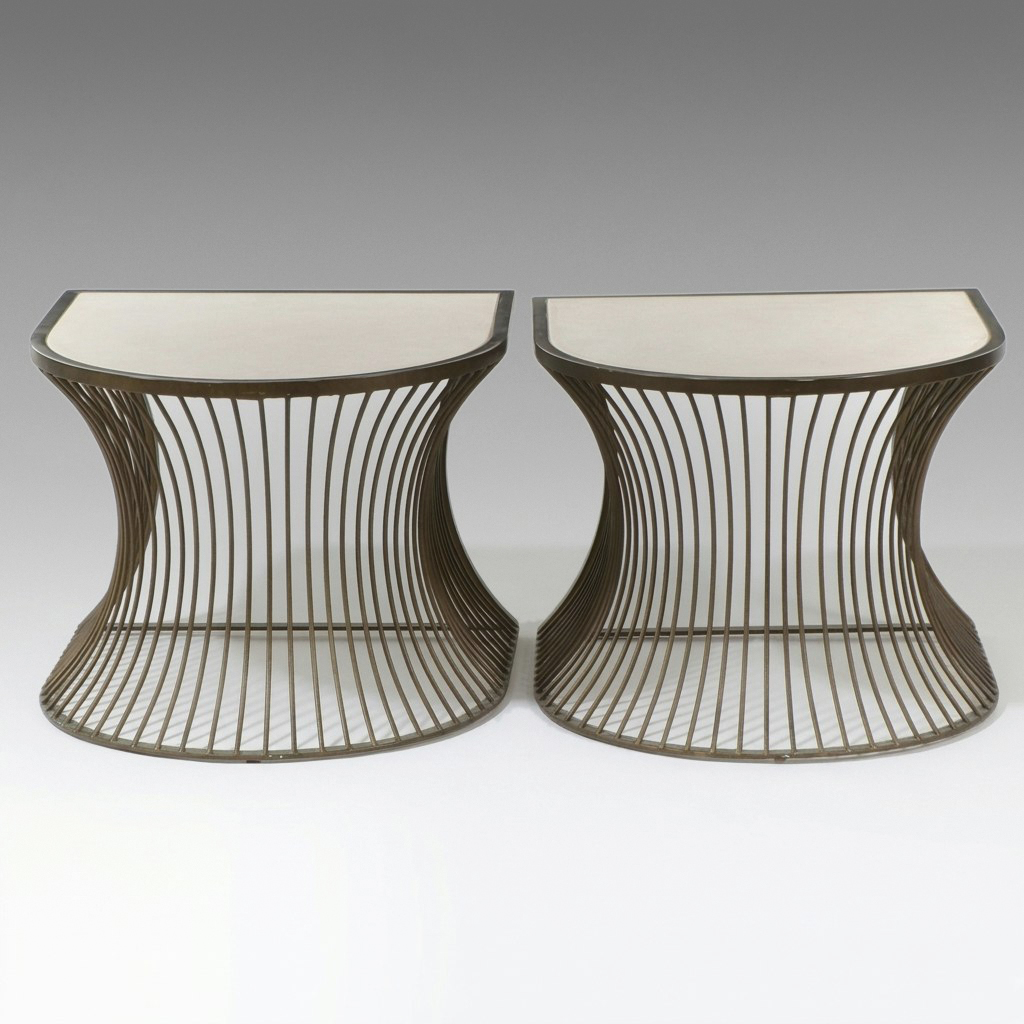 Pair of Arhaus "Platner" Style Bronze Wire Stone Top Side Tables, 21st Century