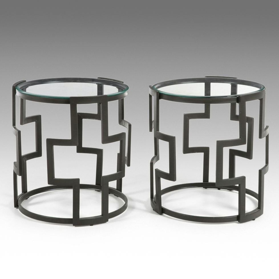 Pair of Contemporary Geometric "Maze" Glass-Top Side Tables, 21st Century