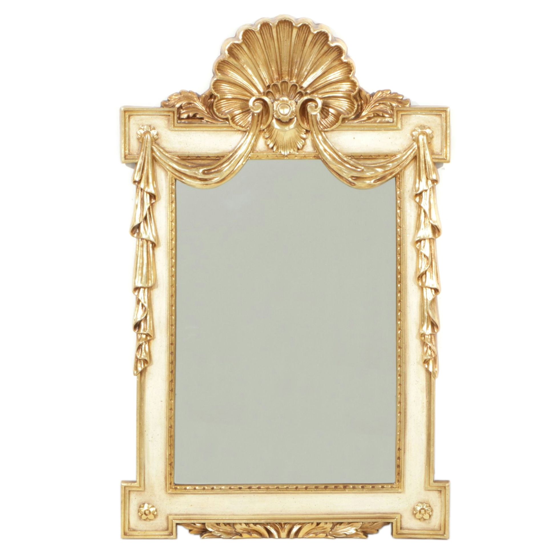 Neoclassical Ivory Colored Wall Mirror with Gilded Curtain Molding
