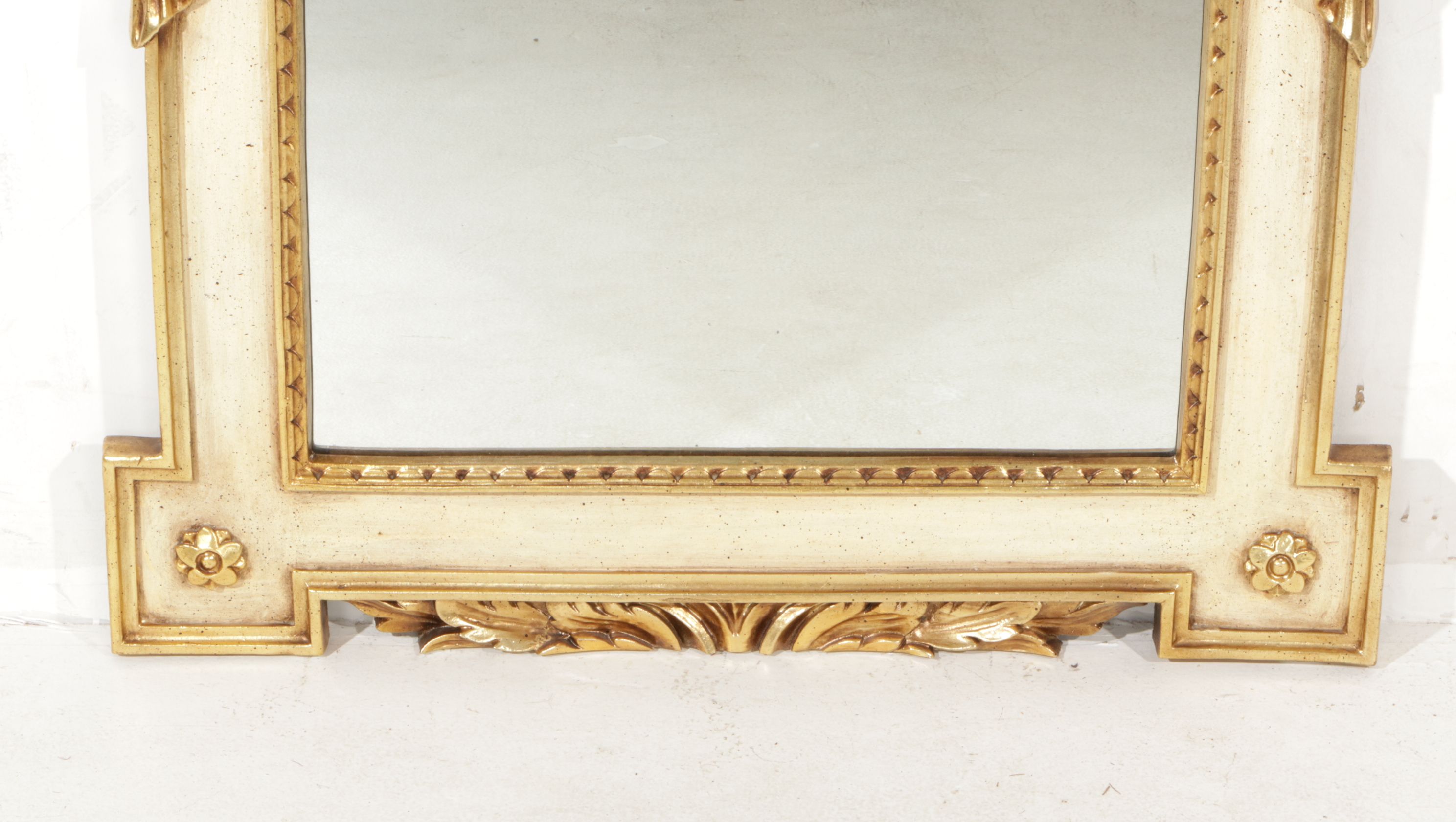 Neoclassical Ivory Colored Wall Mirror with Gilded Curtain Molding