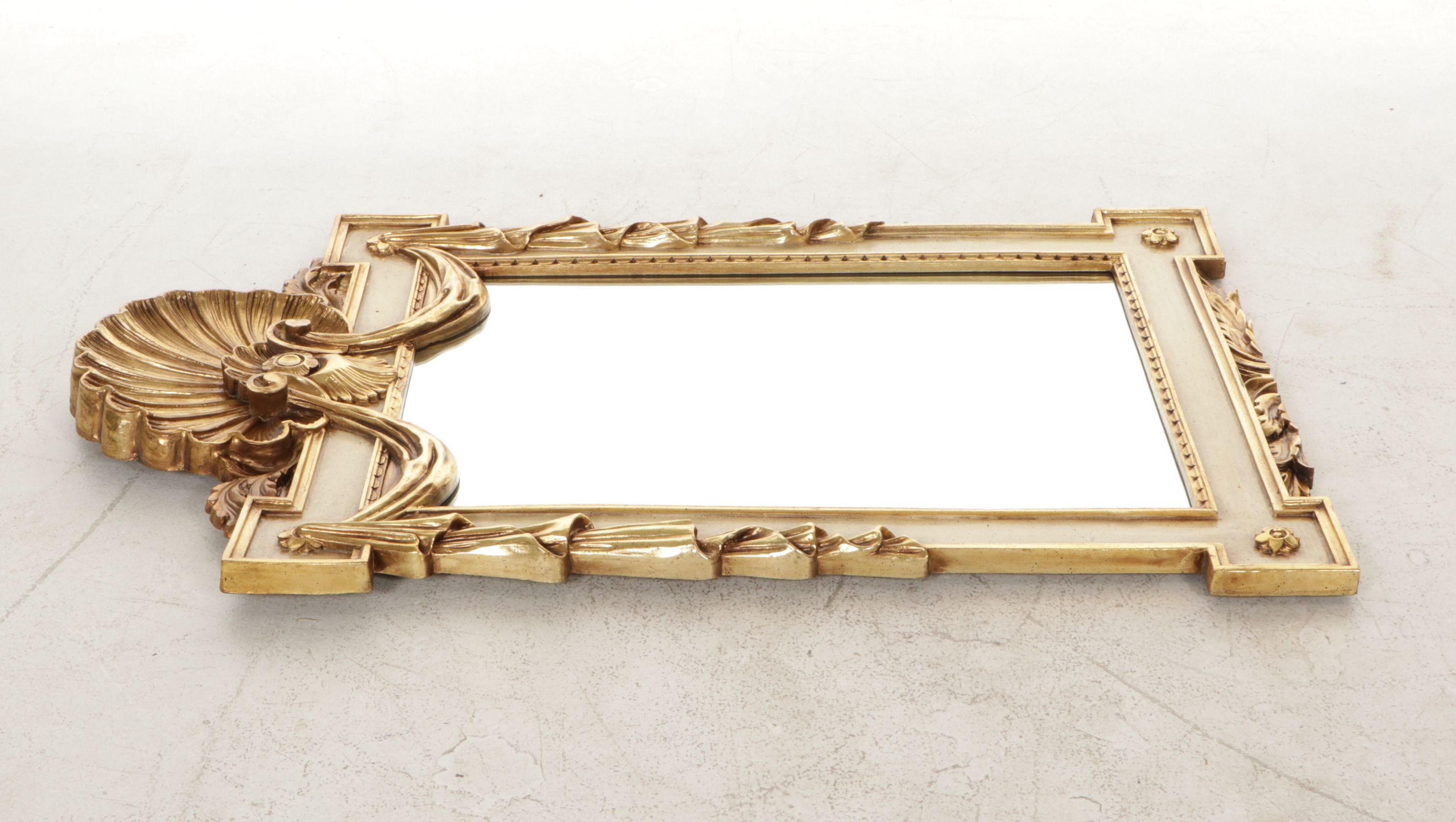 Neoclassical Ivory Colored Wall Mirror with Gilded Curtain Molding