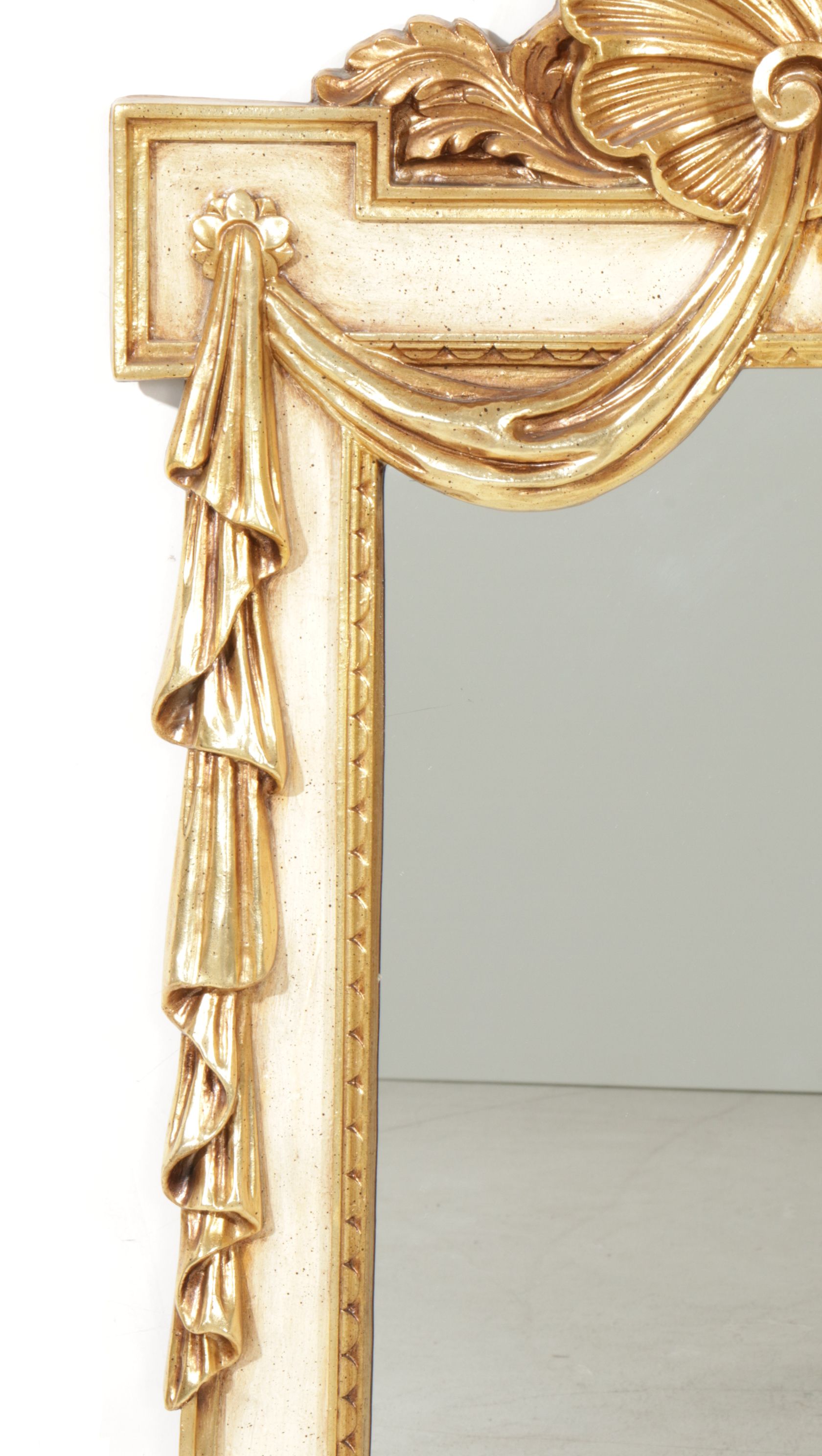 Neoclassical Ivory Colored Wall Mirror with Gilded Curtain Molding