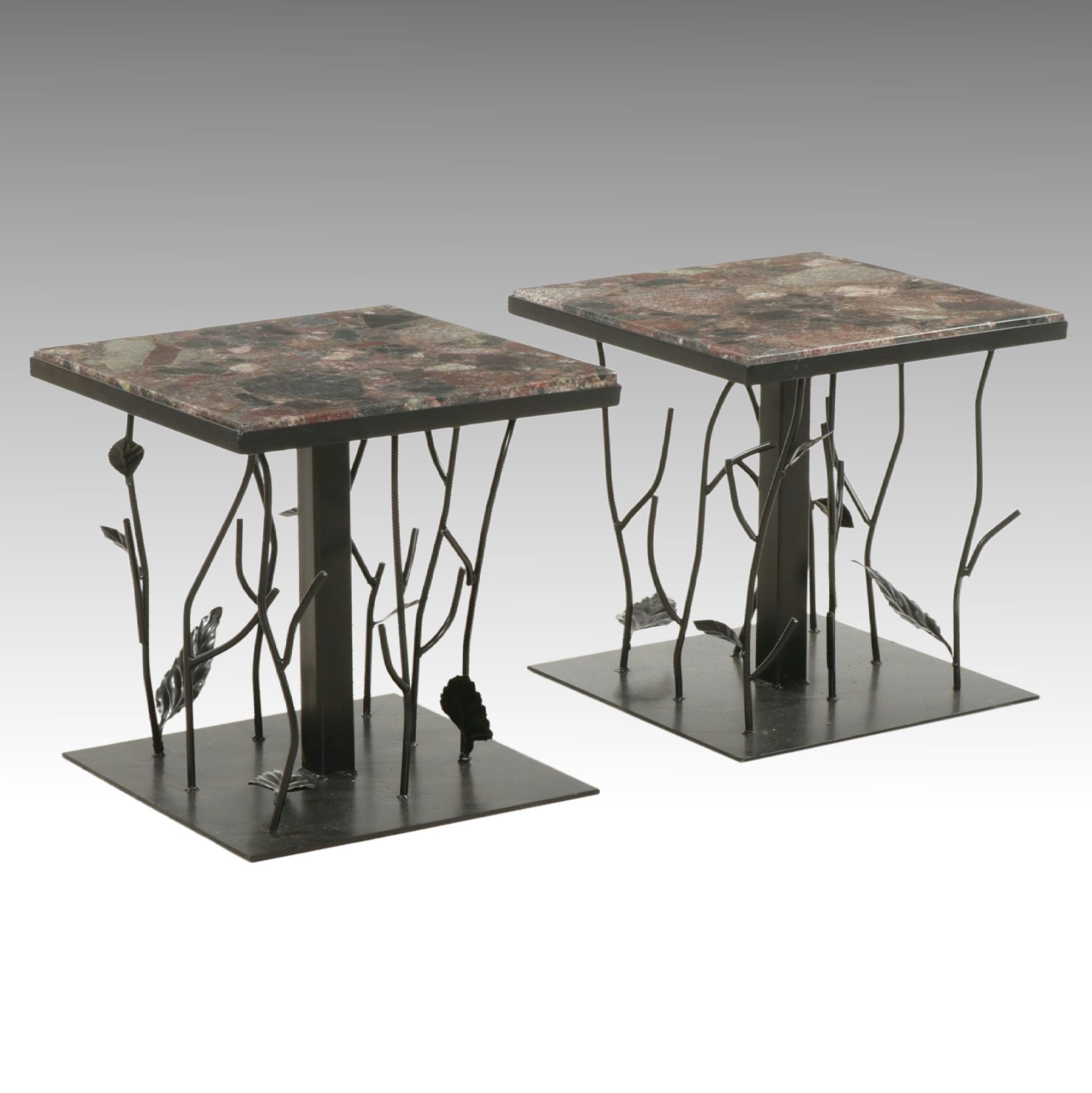 Pair of Contemporary Forged Metal Side Tables with Granite Tops